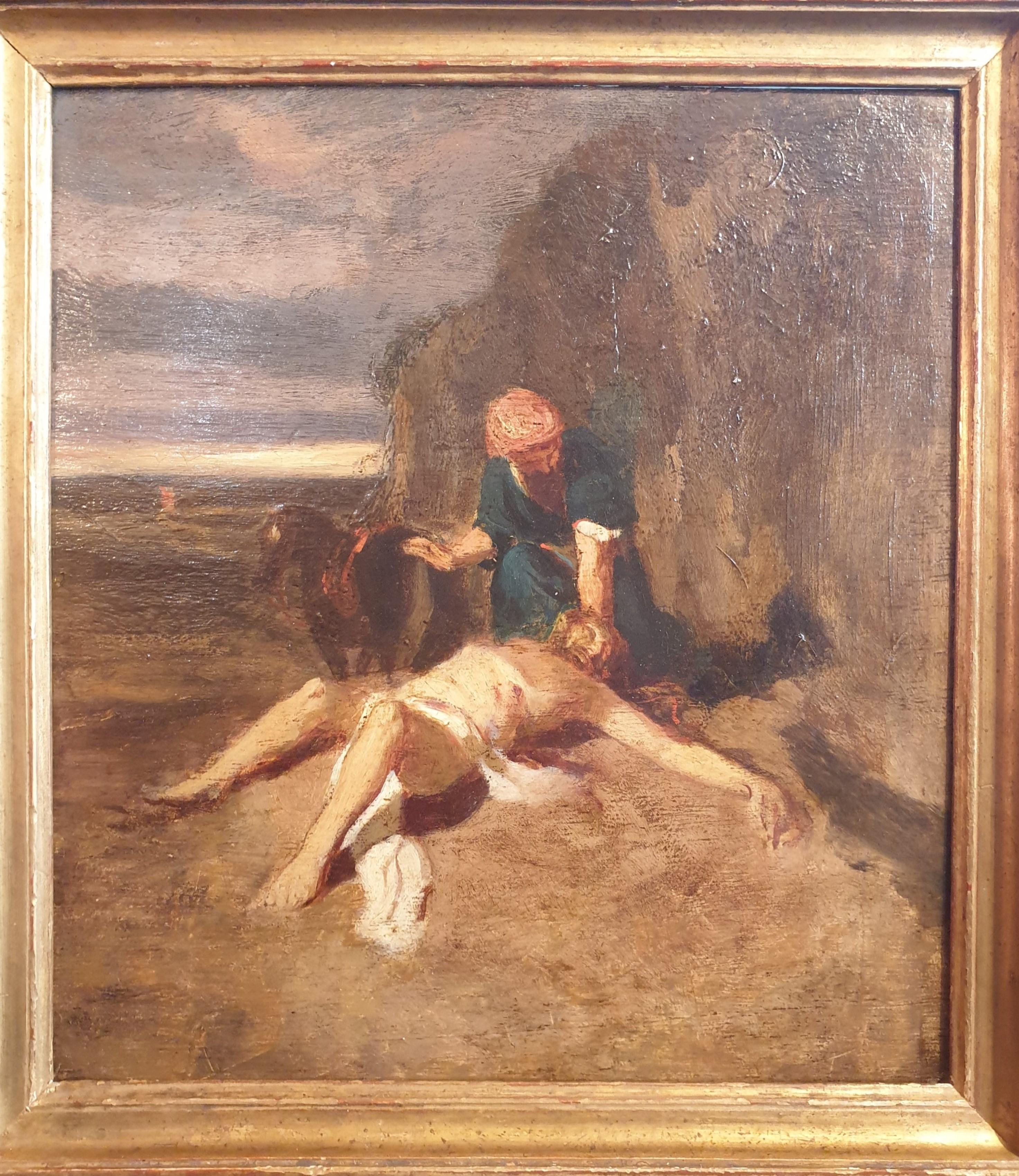 Unknown Figurative Painting - Religious Painting Good Samaritan French school 19th romantic Sketch 