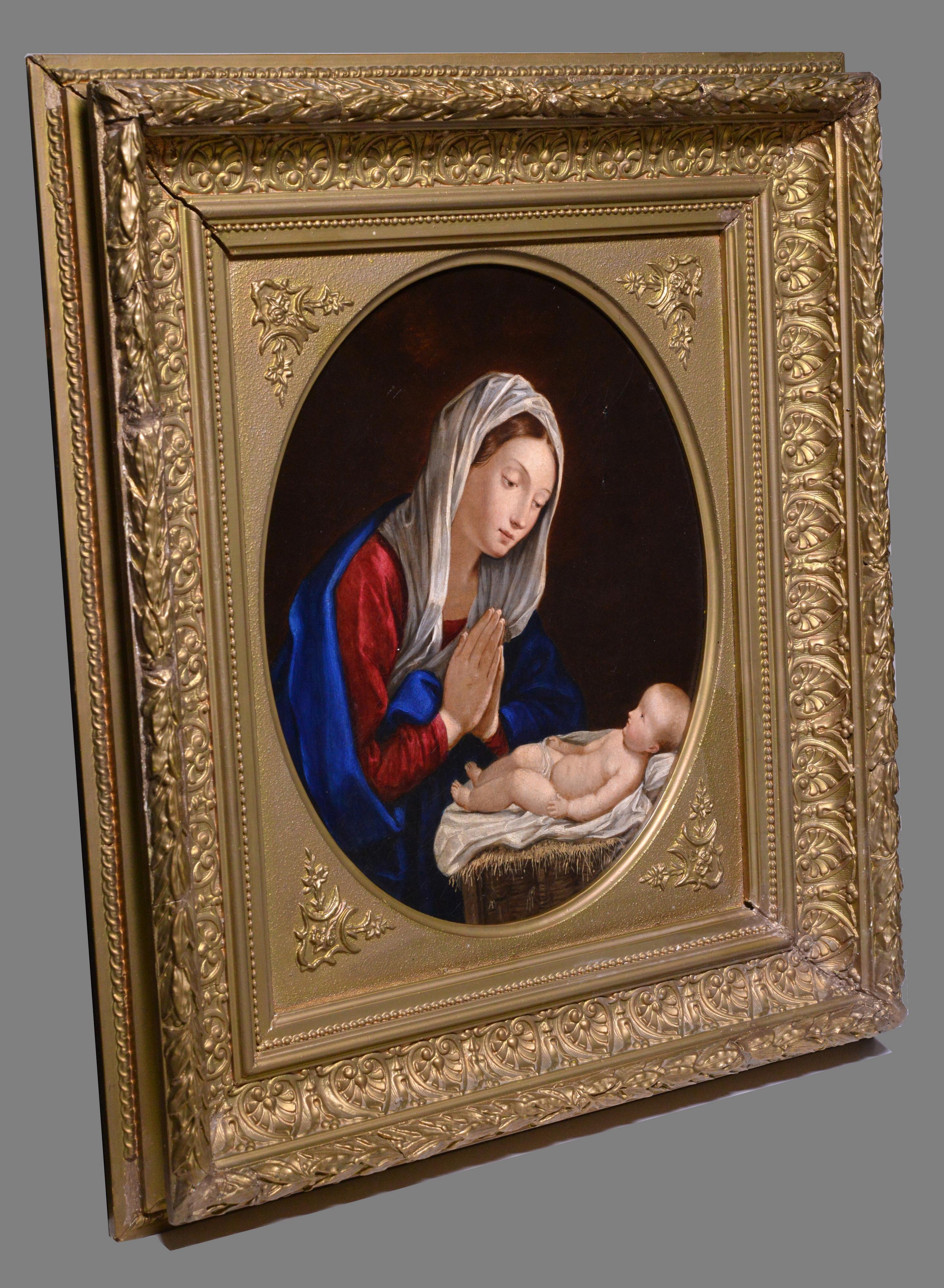 Religious scene Madonna Bending and Praying over Child 19th century Oil painting - Painting by Unknown