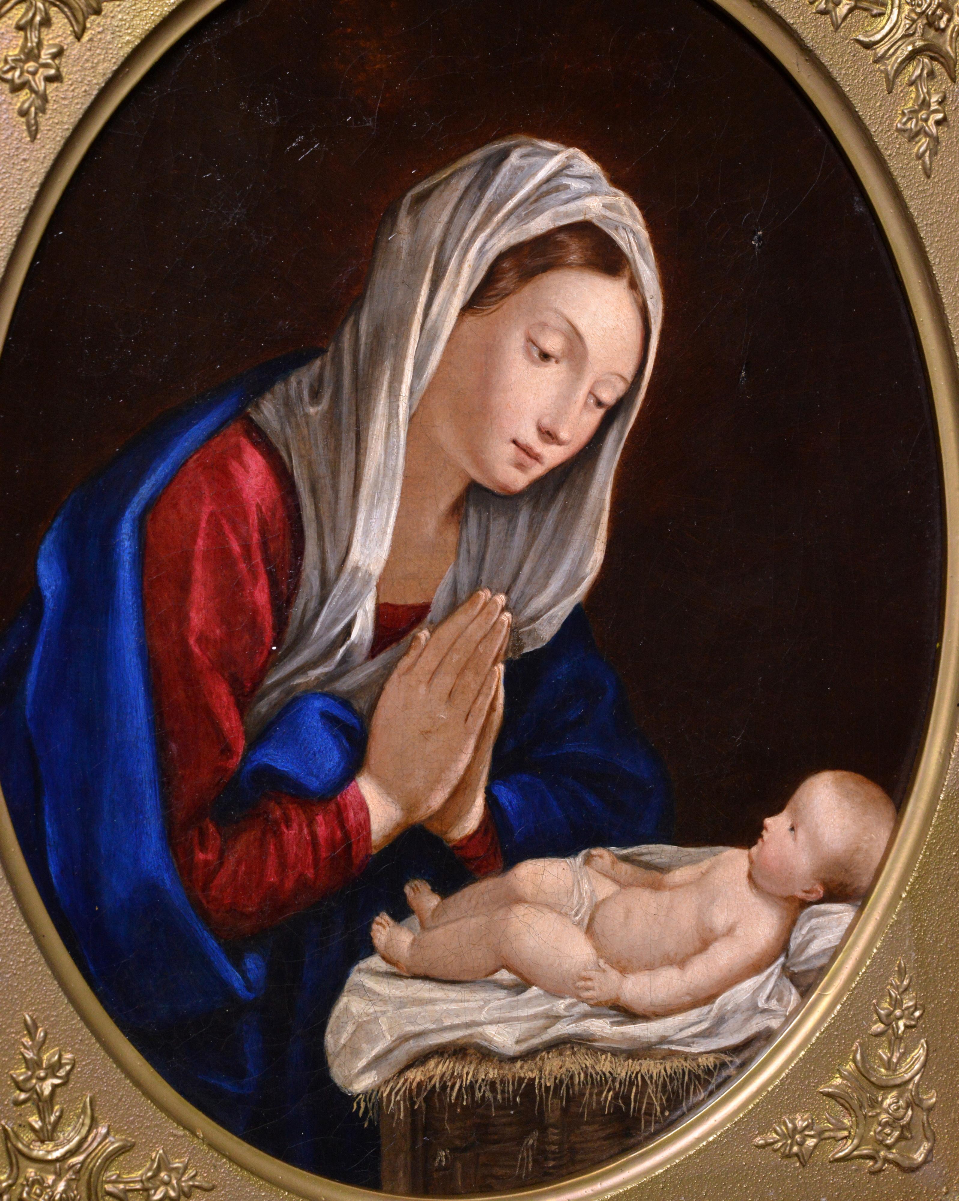 Religious scene Madonna Bending and Praying over Child 19th century Oil painting - Realist Painting by Unknown