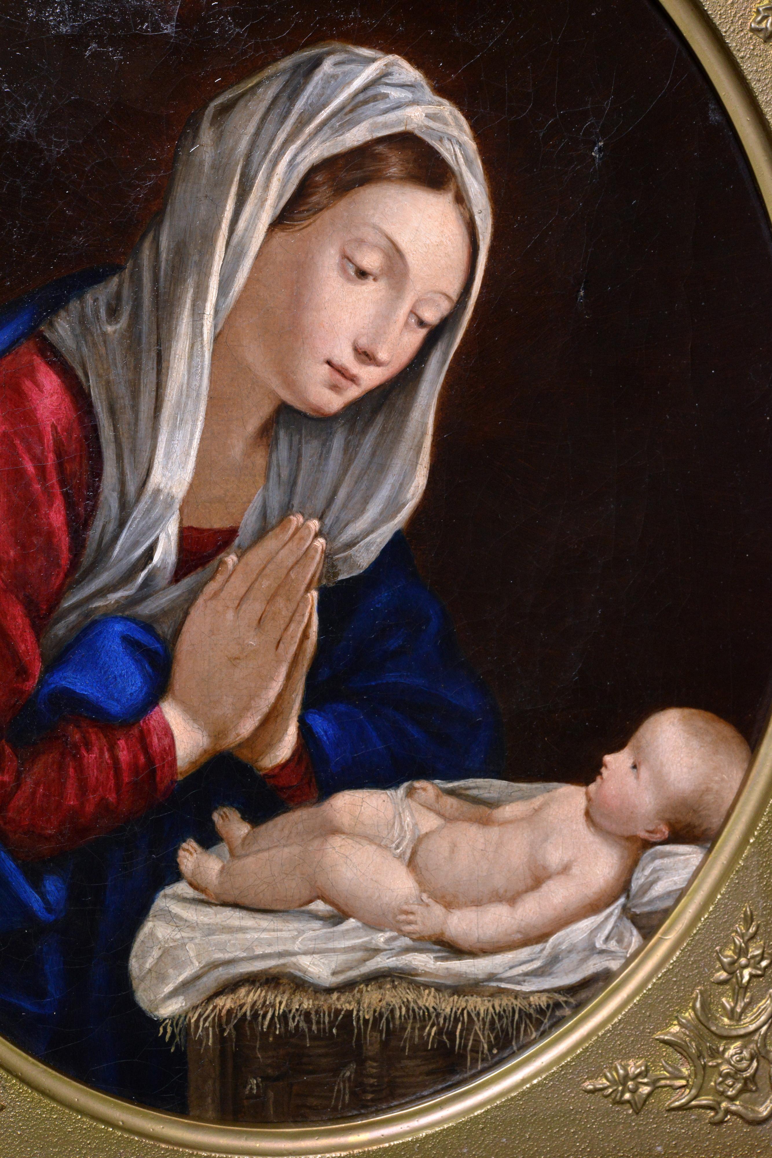 Religiöse Szene, Madonna sitzt und bittet über Kind, Ölgemälde aus dem 19. Jahrhundert (Braun), Figurative Painting, von Unknown