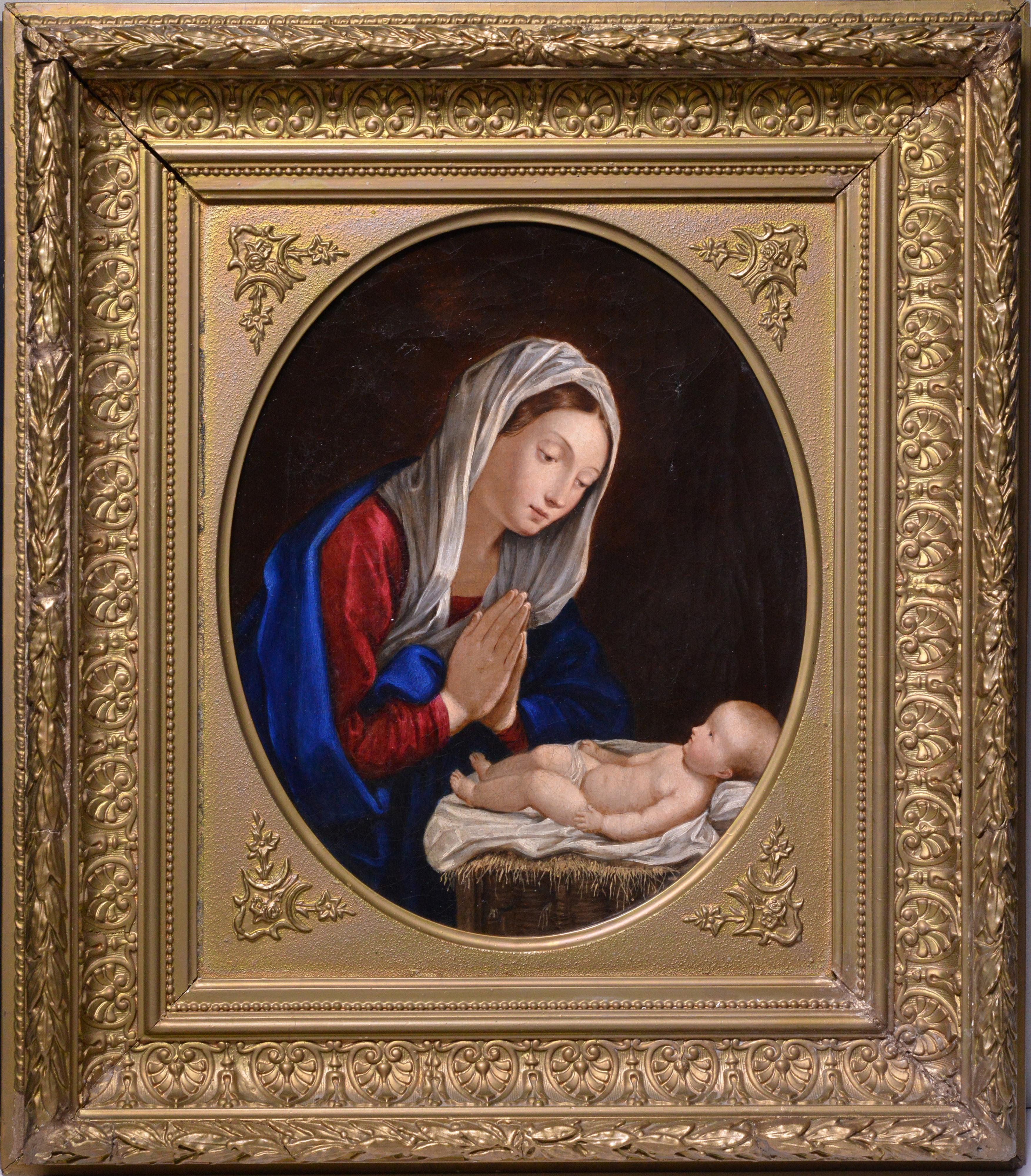 Unknown Figurative Painting – Religiöse Szene, Madonna sitzt und bittet über Kind, Ölgemälde aus dem 19. Jahrhundert