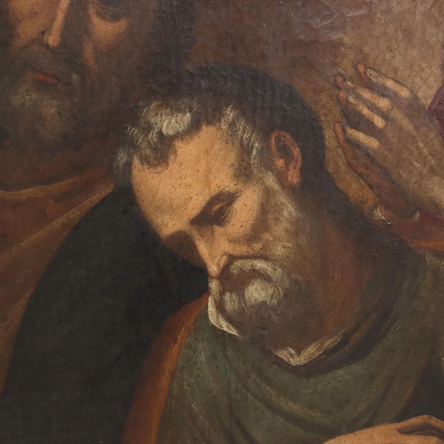 Pittura a olio su tela. Scuola lombarda del XVII secolo. La grande scena presenta al centro la Madonna seduta che propone il seno a Gesù Bambino, il quale invece si allunga per cercare di raccogliere un frutto dal cesto che St. Johns gli porge,