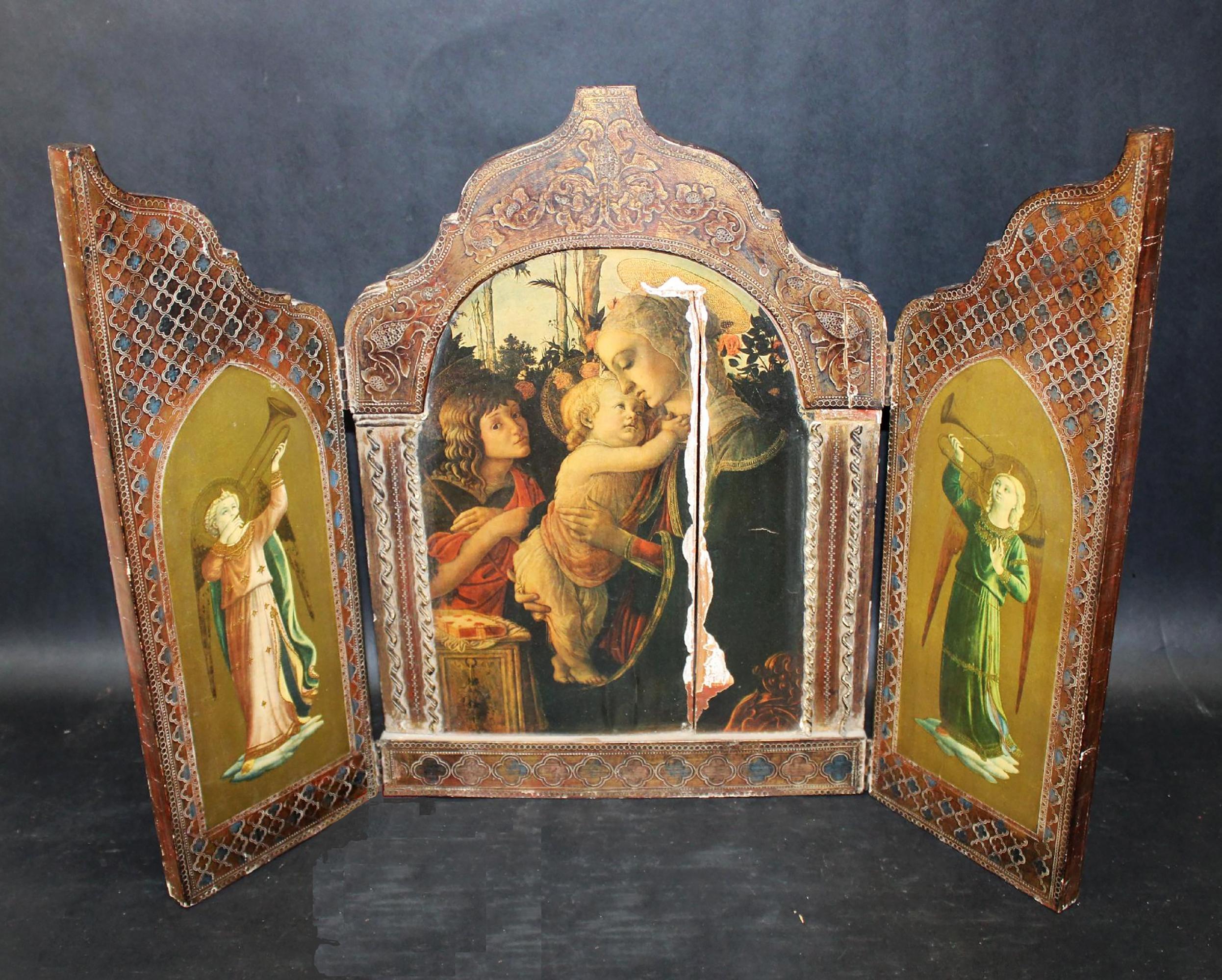 Unknown Figurative Painting - Religious Wooden Triptych Icon Depicting Madonna, Christ & Angels