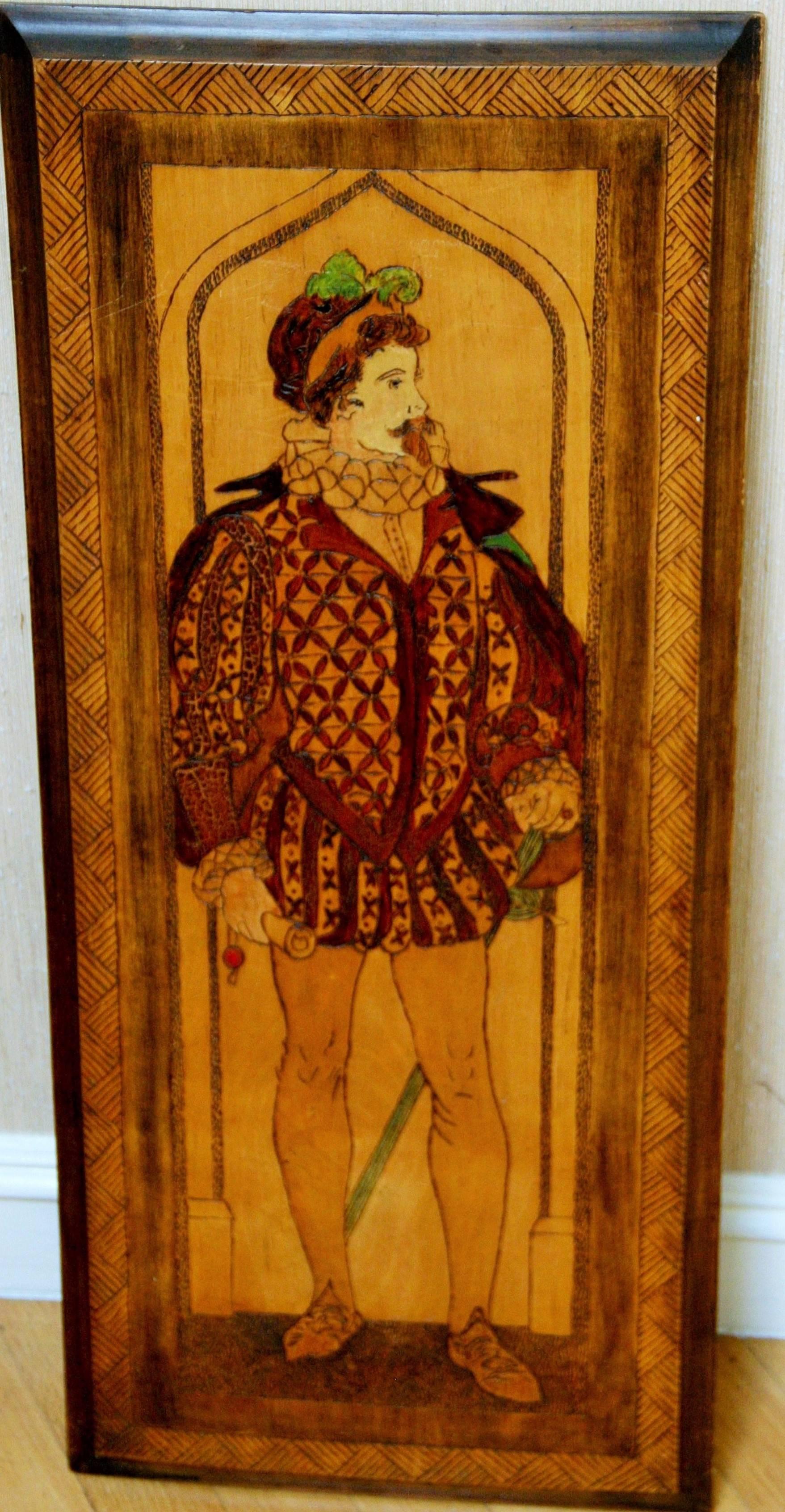 A Renaissance man,circa 1930's  polychrome painting  on a  wood plaque .
Artist unknown