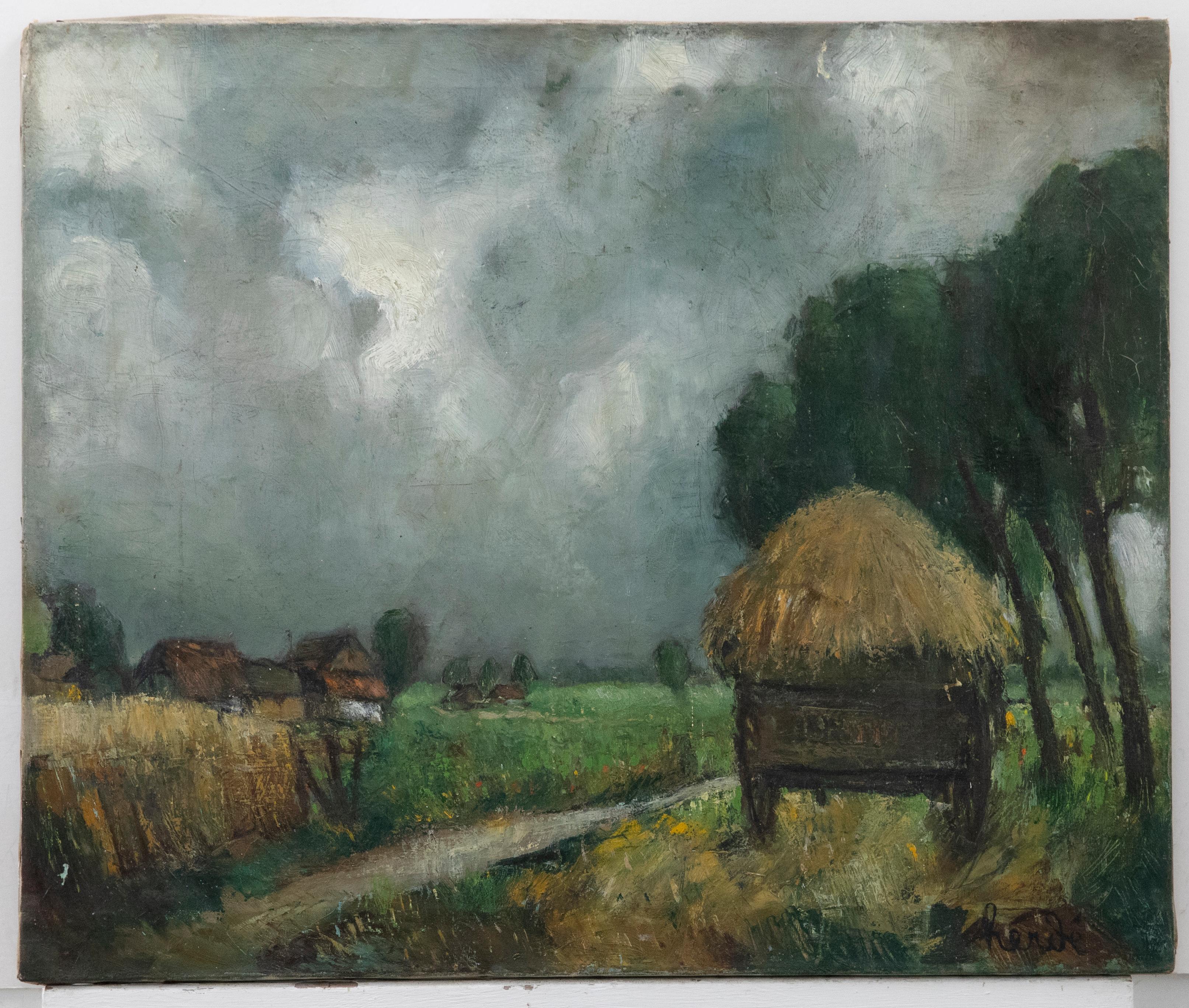 Rende - Ölgemälde des frühen 20. Jahrhunderts, Der Parkierte Strohwagen – Painting von Unknown