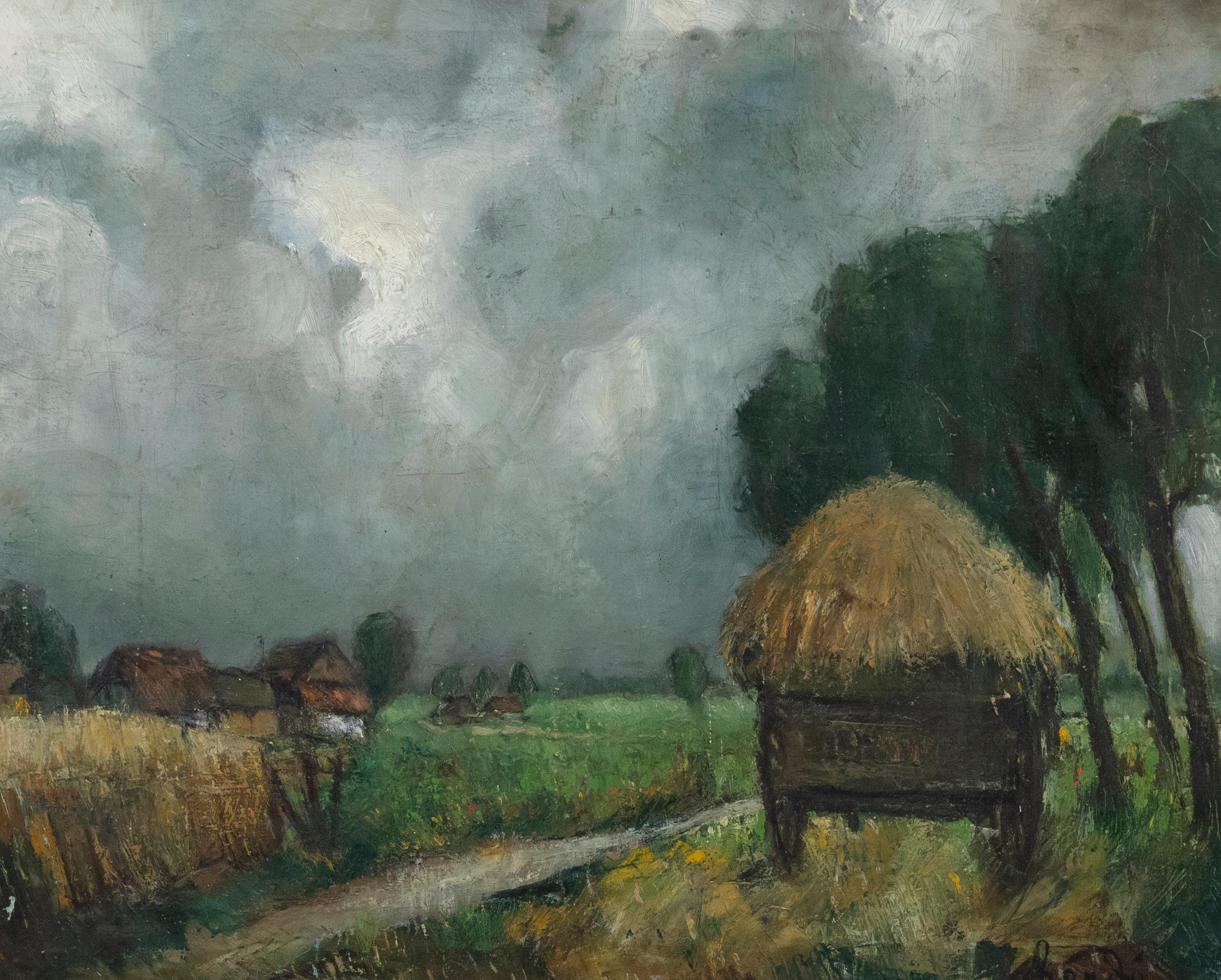 Unknown Landscape Painting – Rende - Ölgemälde des frühen 20. Jahrhunderts, Der Parkierte Strohwagen
