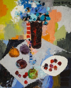 René Detire - Óleo de la escuela francesa de mediados del siglo XX, Flores y frutas azules