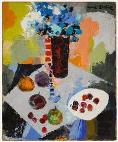 René Detire - Óleo de la escuela francesa de mediados del siglo XX, Flores y frutas azules
