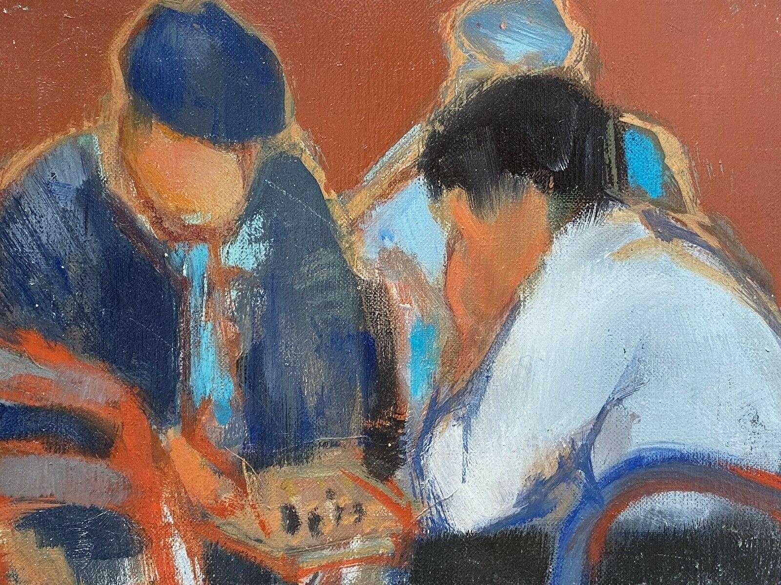 Rene Leroy, French Modernist Oil Painting, Figures Hunched over Board Game - Brown Figurative Painting by Unknown