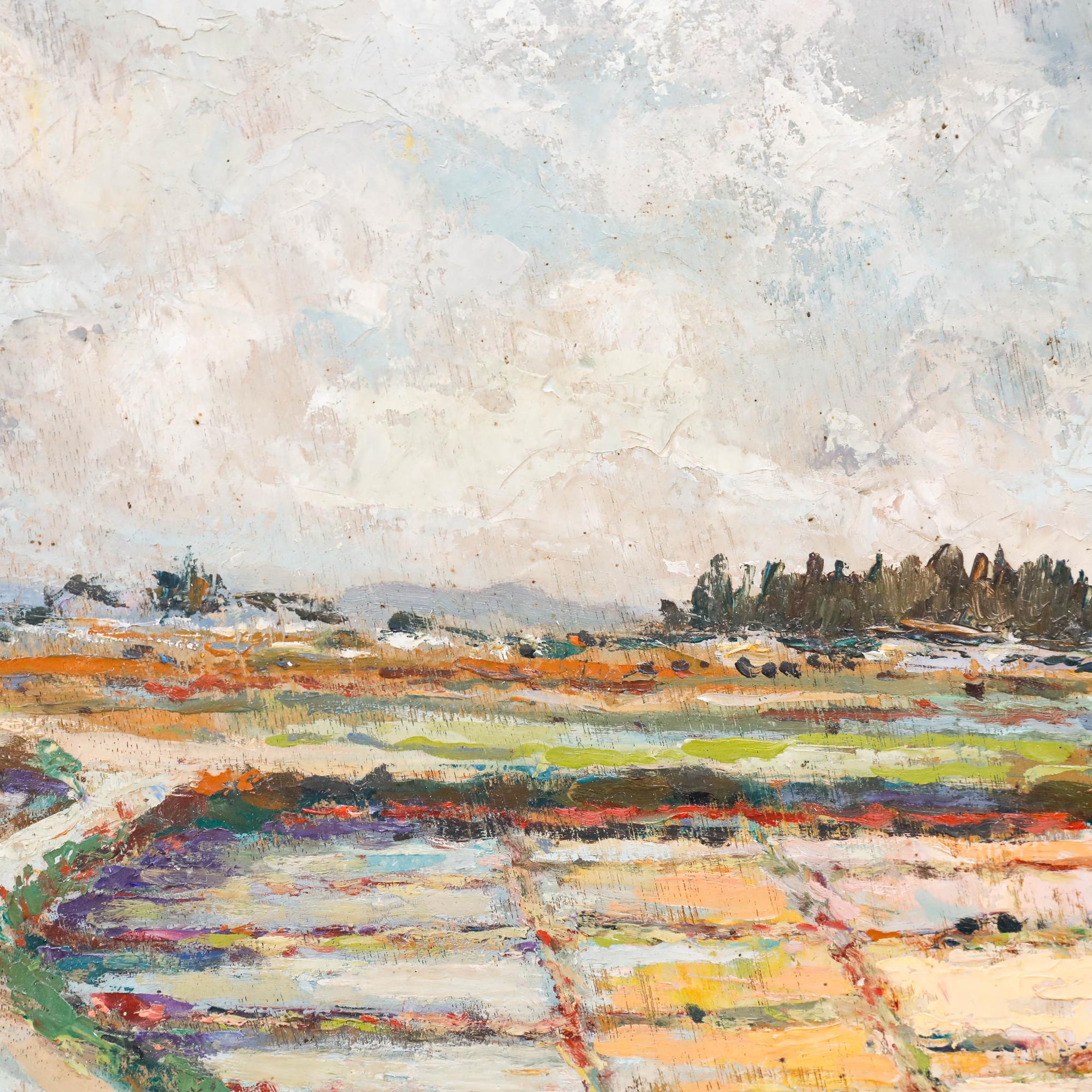 This evocative painting captures a sprawling rural landscape of La Turballe in France, with a winding road leading through a patchwork of fields towards a distant copse of trees. The artist's use of muted, earthy tones in the foreground contrasts
