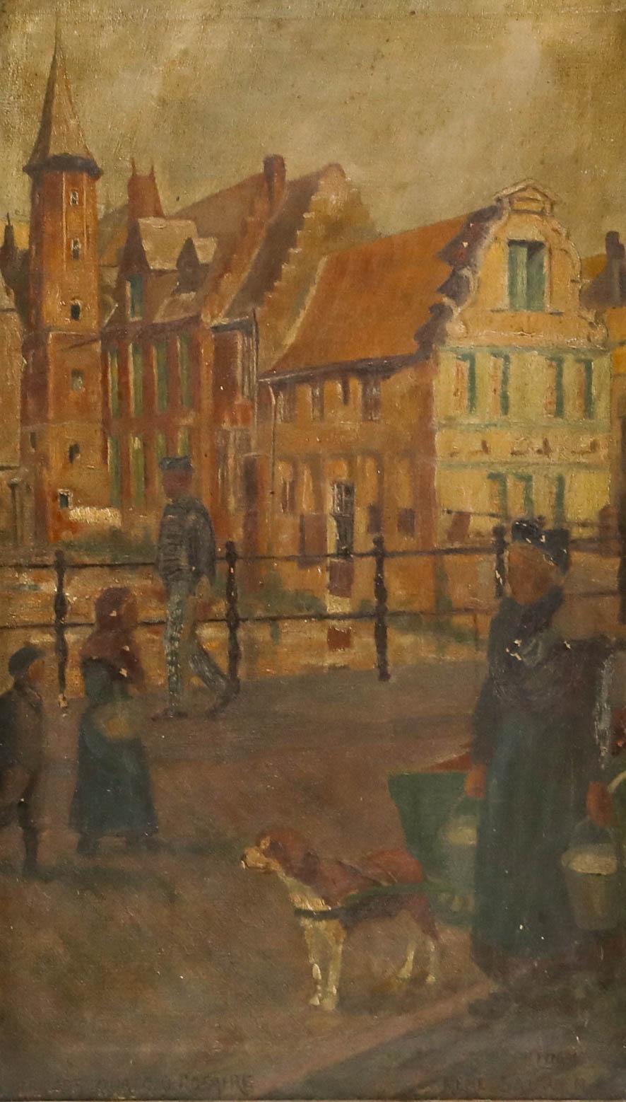 Rene His - Huile du XIXe siècle, La péniche à Bruges - Painting de Unknown