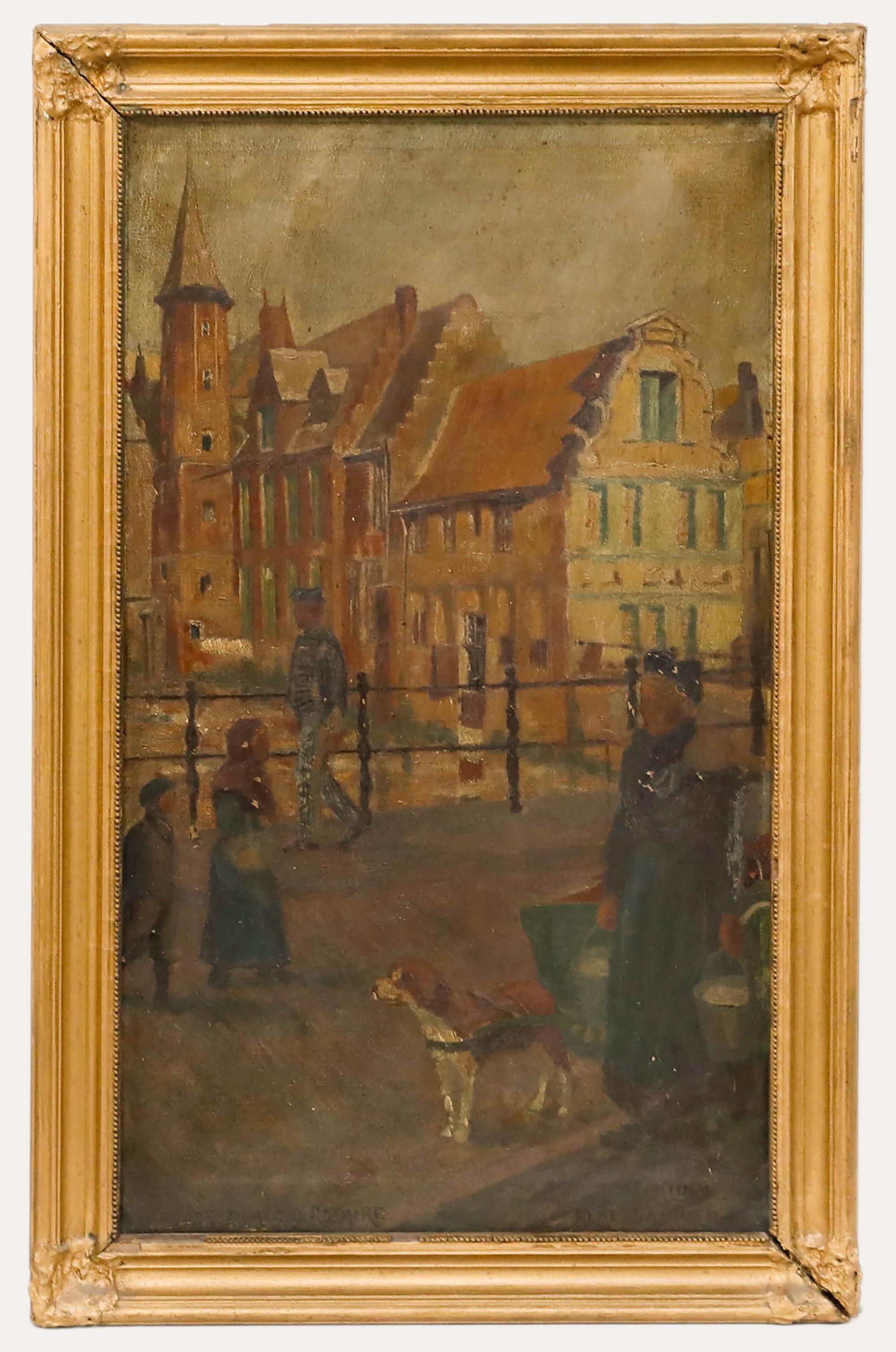 Landscape Painting Unknown - Rene His - Huile du XIXe siècle, La péniche à Bruges