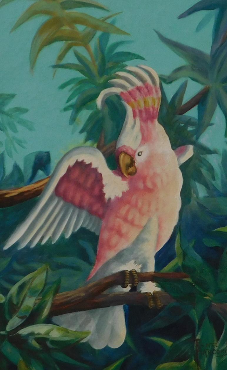 Renee Harcombe Female Florida Artist 20th century - oil on canvas.
Features a beautiful pair of pink parrots. Circa 1945. In excellent condition. 
Meausures: 42 x 48. Frame measures: 51 ½ x 57 ½. 

This painting was made by Renee Harcombe, a Miami