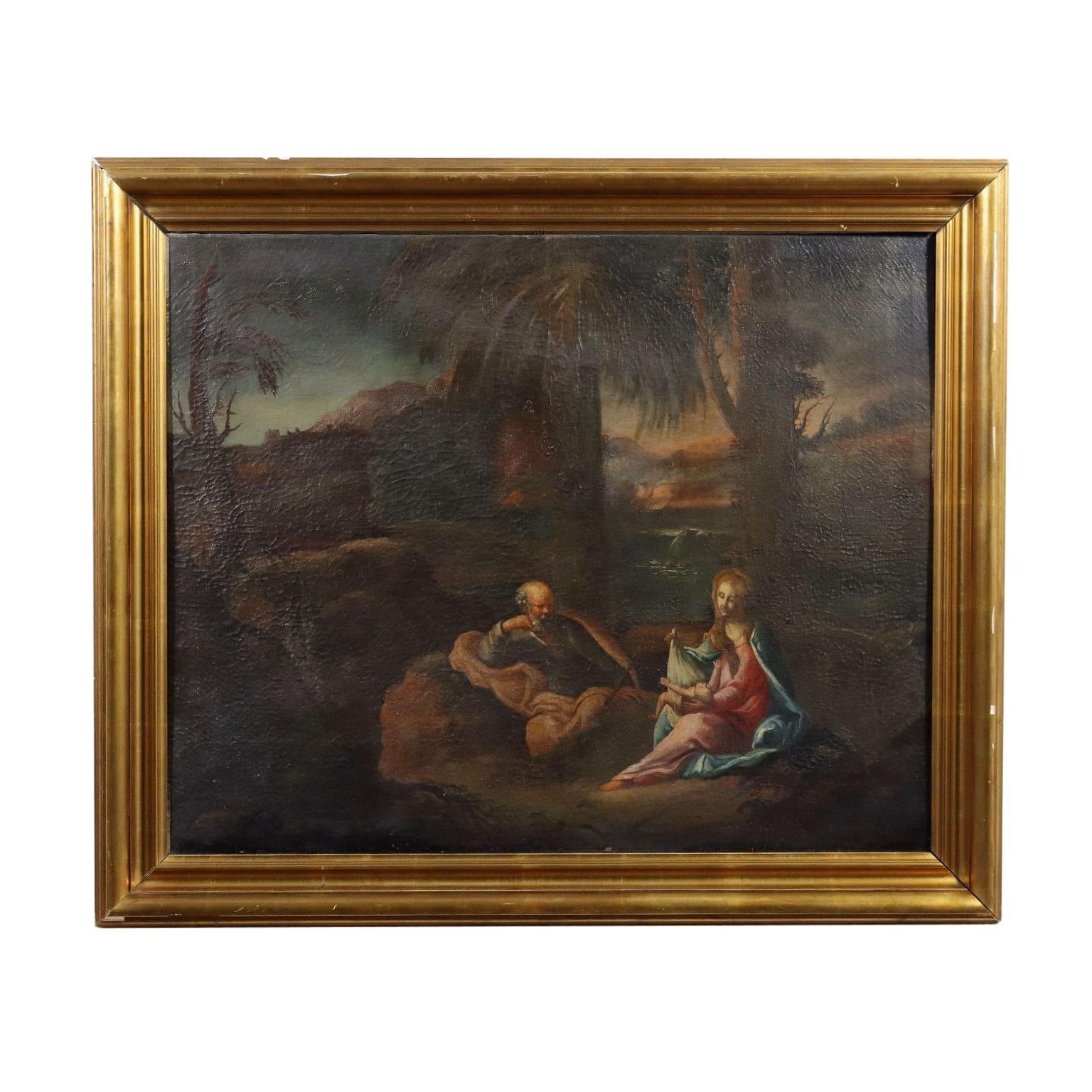 Unknown Figurative Painting - Rest on the Flight into Egypt Oil on Canvas XVIII-XIX Century