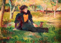Resting in the Park - French Impressionist School, Woman with Dog in Landscape 