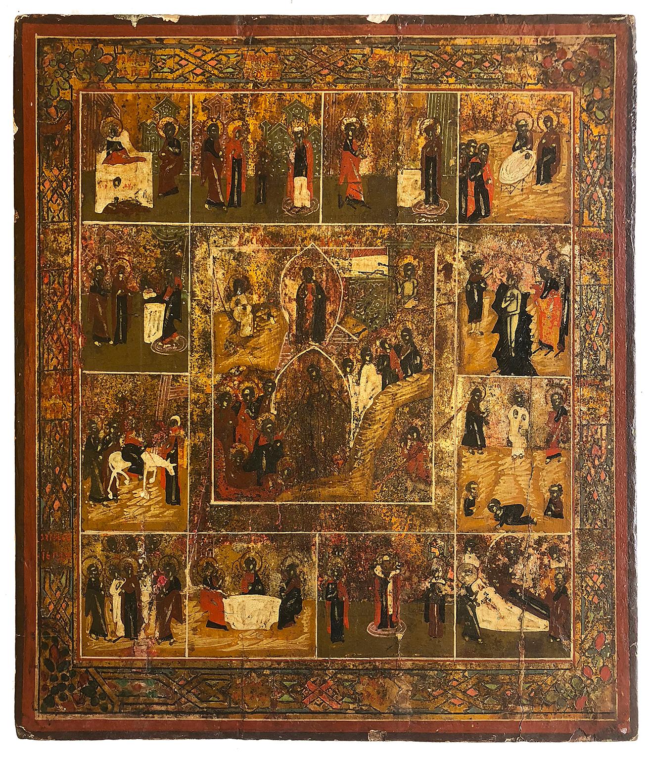 Unknown Figurative Painting - Resurrection and Anastasis (Decent into Hell) with The Twelve Great Feasts