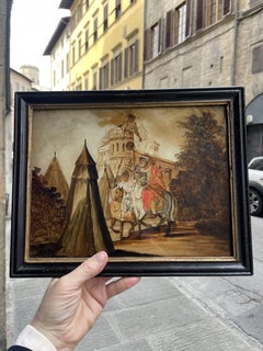 Reverse glass painting with siege scene and military encampment, 18th, Venice(?)