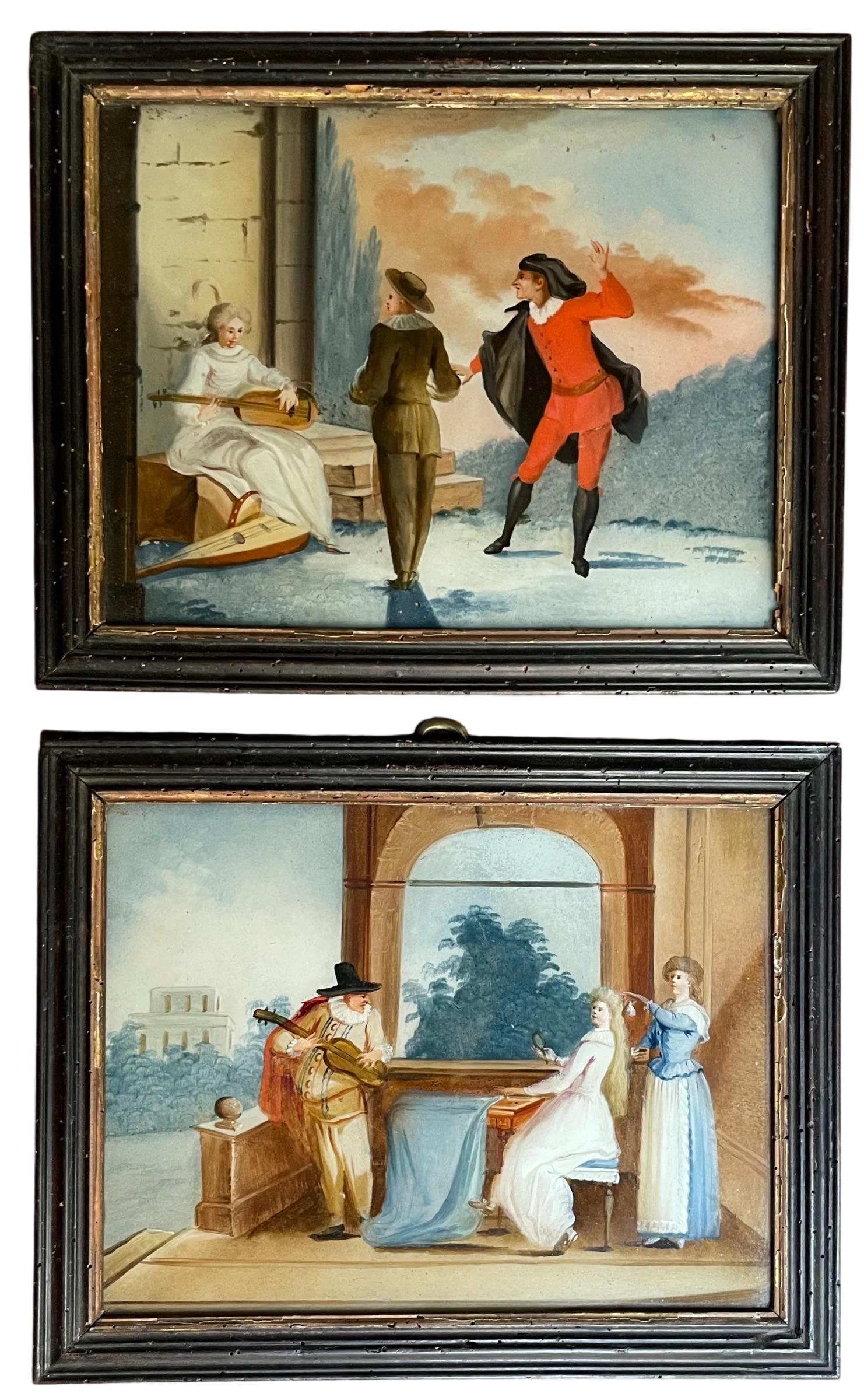 Figurative Painting di Unknown - Reverse glass paintings with gallant and musical scenes, 18th century