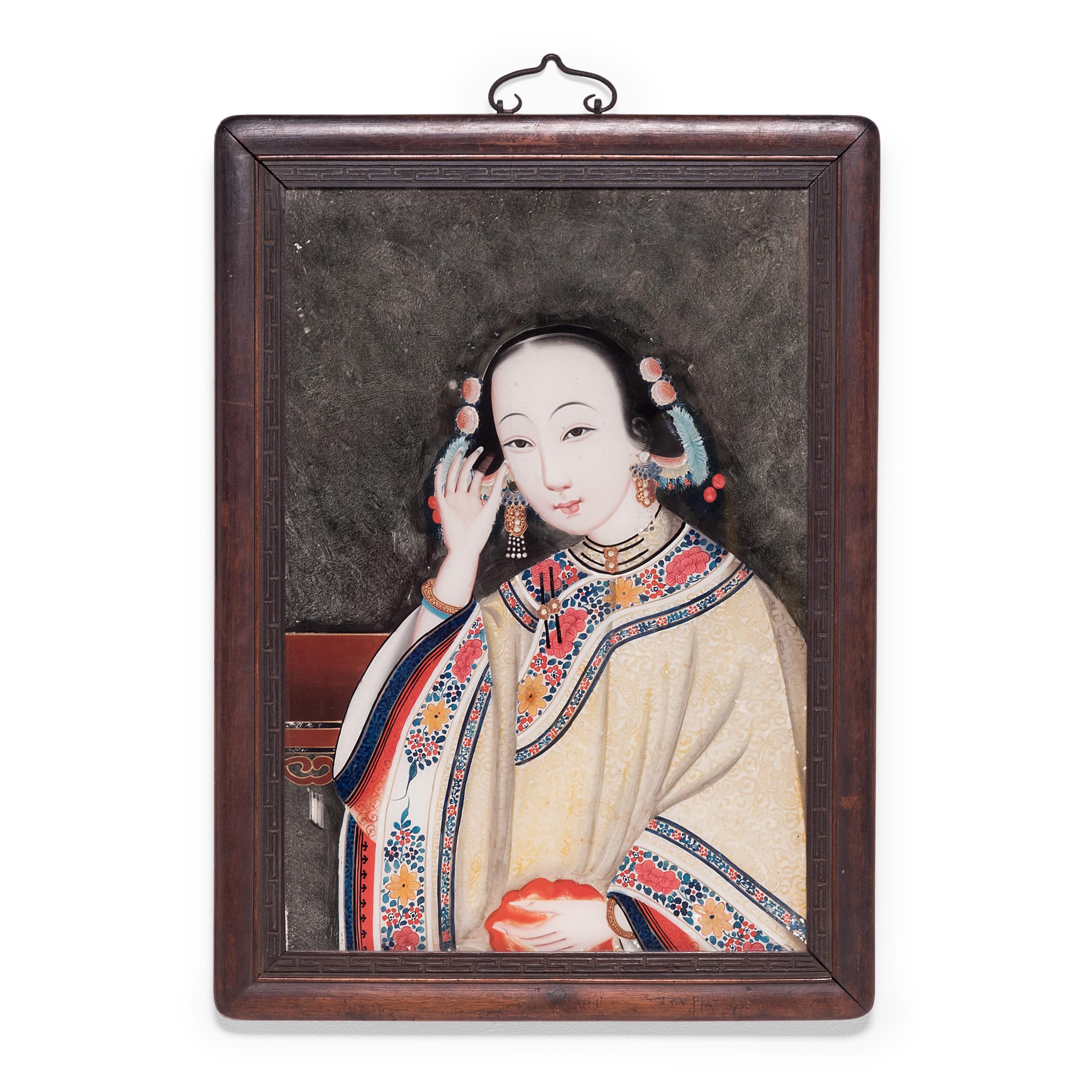 Ritratto di giovane donna in vetro cinese a rovescio - Painting Qing di Unknown