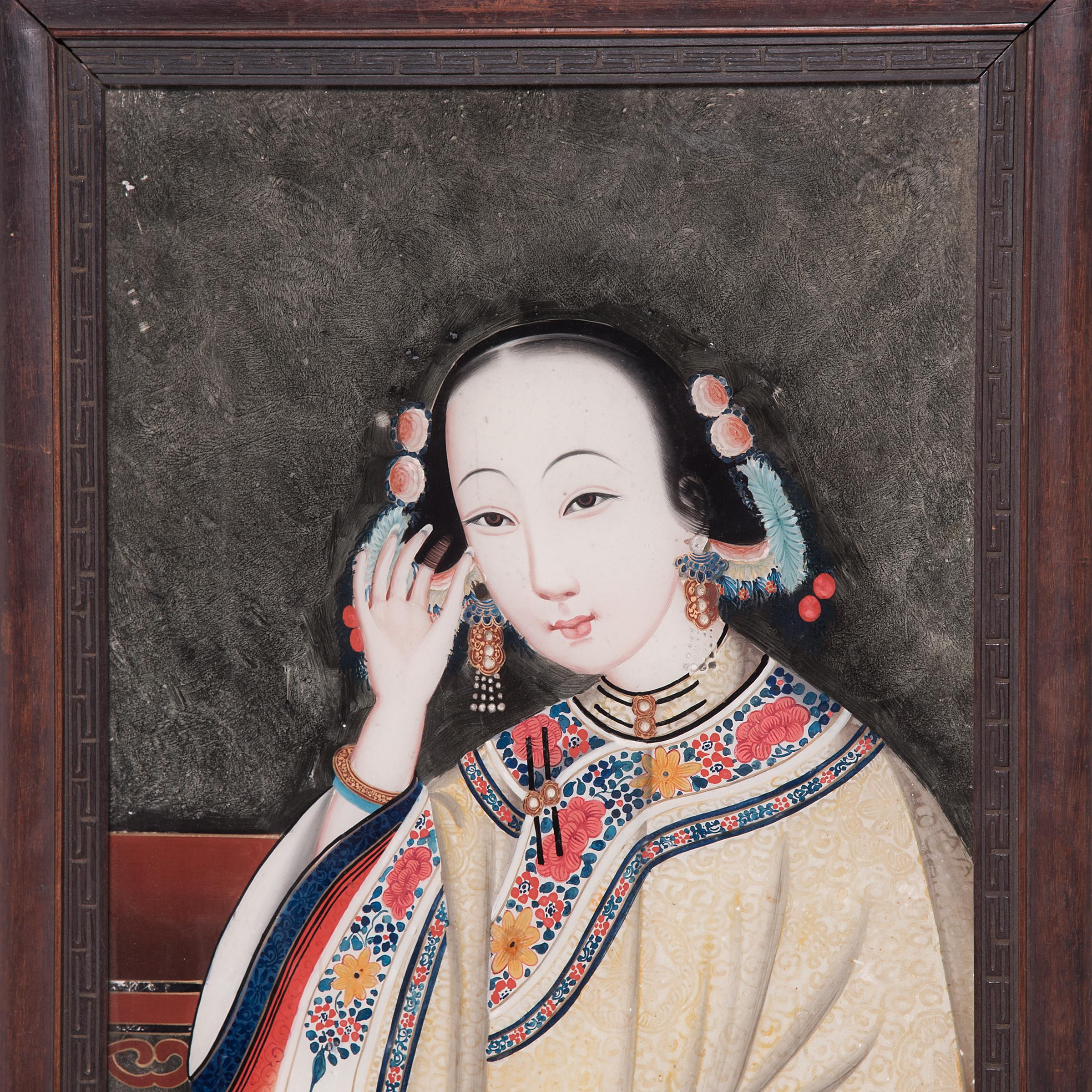 Portrait en verre inversé d'une jeune femme, vers 1900 - Qing Painting par Unknown