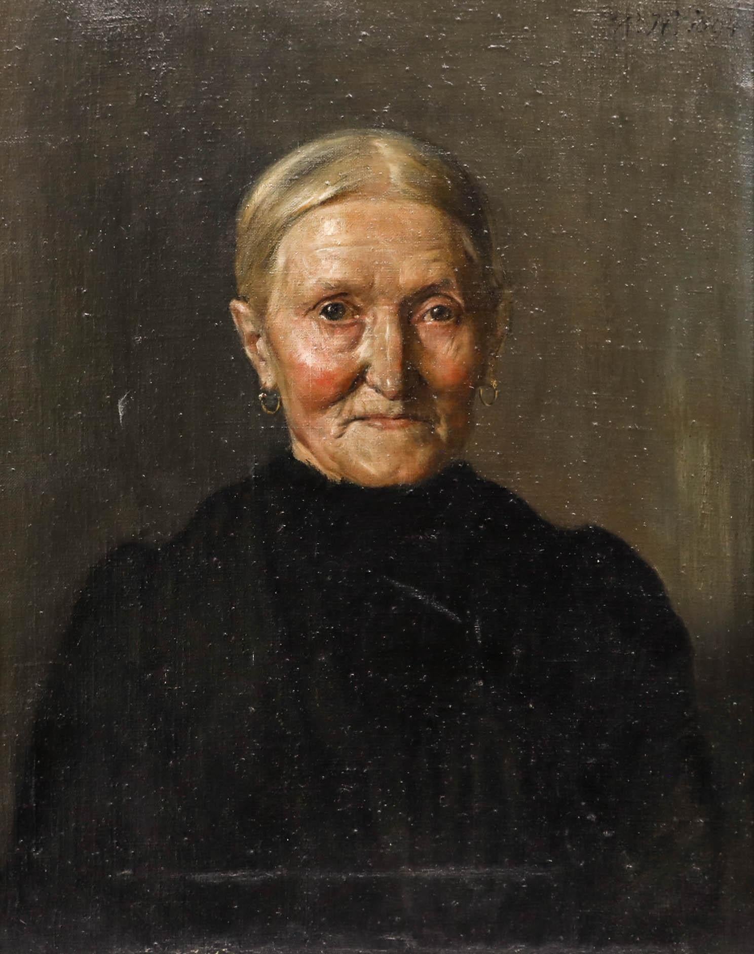 R.H - Gerahmtes Ölbildnis von 1884, Porträt einer älteren Dame – Painting von Unknown