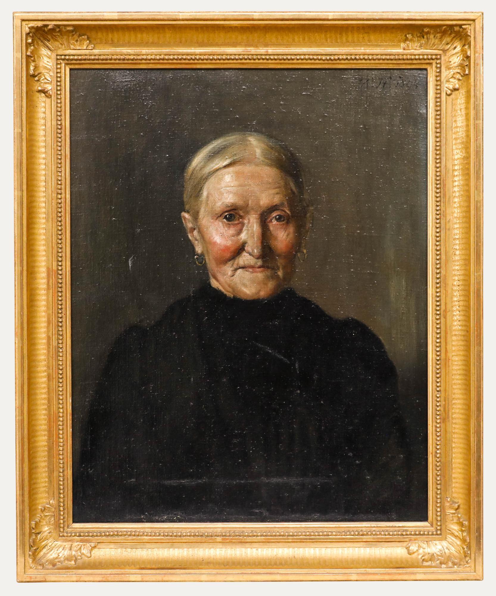 Unknown Portrait Painting – R.H - Gerahmtes Ölbildnis von 1884, Porträt einer älteren Dame