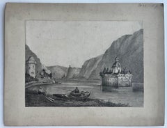 Rhine River Castle Landscape Pencil Drawing L J Wortley Study No 26