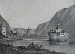 Rhine River Castle Landscape Pencil Drawing L J Wortley Study No 26