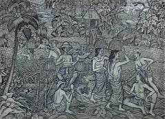 Antique "Rice Harvest, " Tempera on Canvas signed by Indonesian artist Kelishi