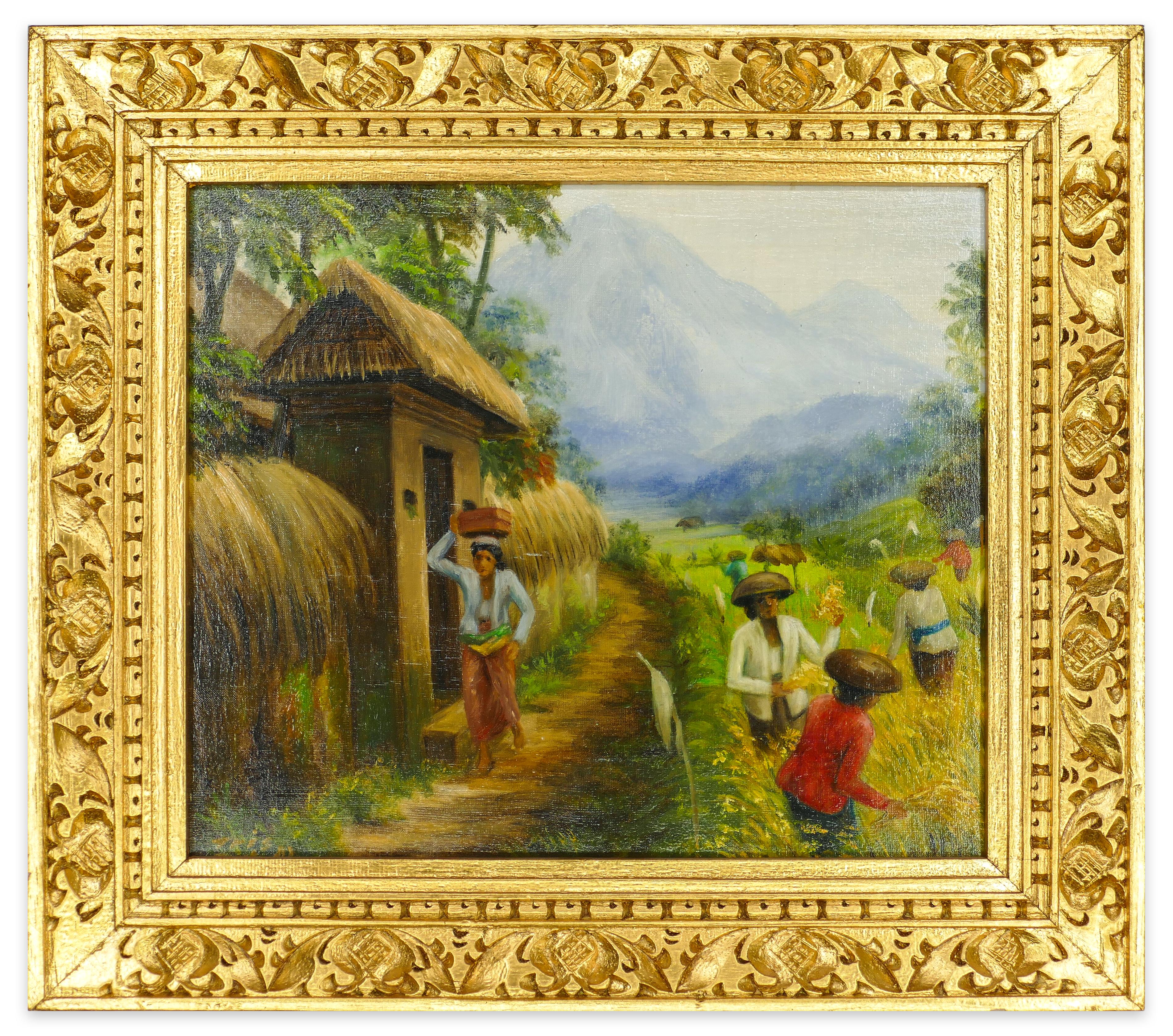 Rice Weeders at Work - Oil on Canvas Bali School - Mid 20th Century - Painting by Unknown