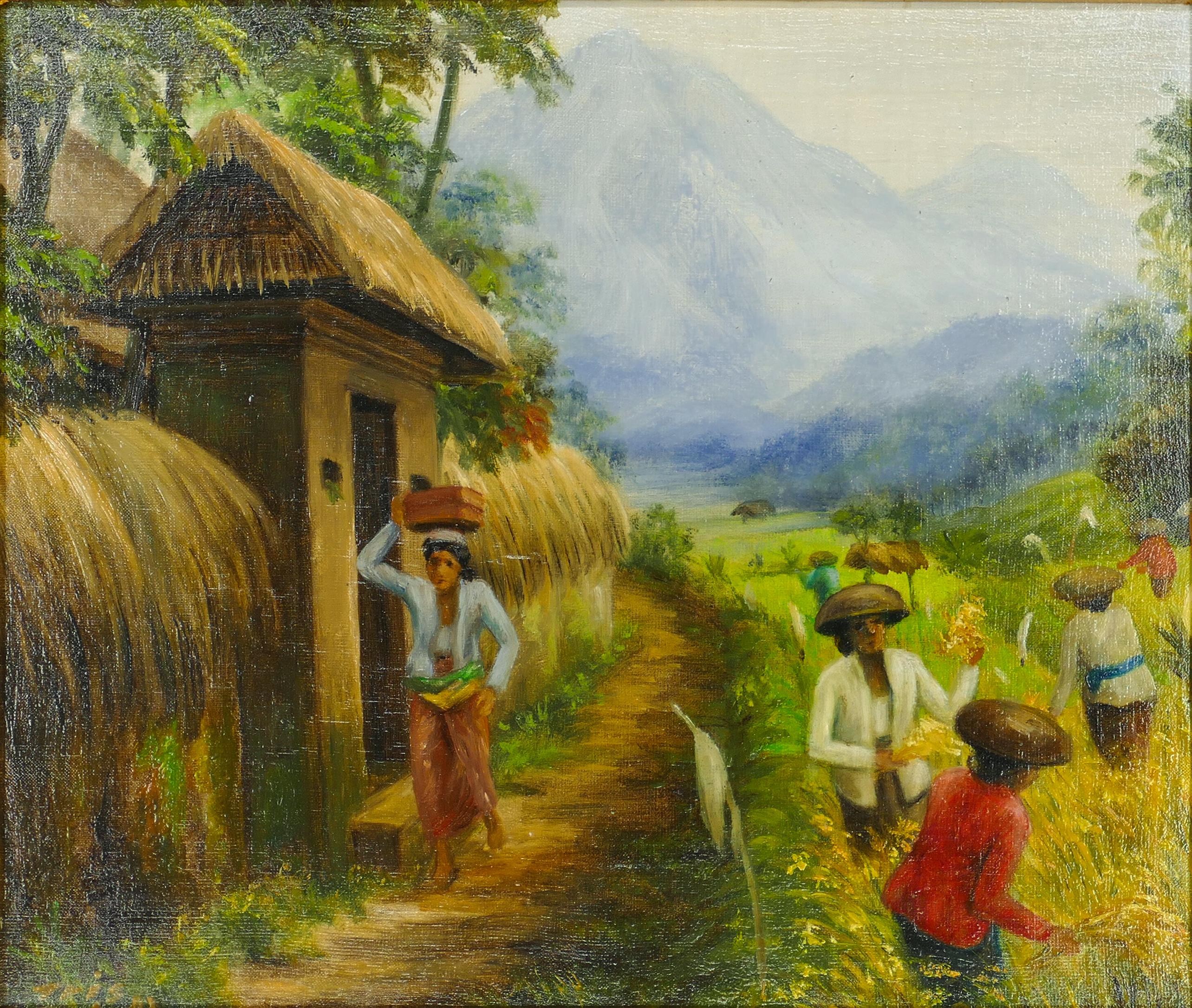 Unknown Figurative Painting - Rice Weeders at Work - Oil on Canvas Bali School - Mid 20th Century