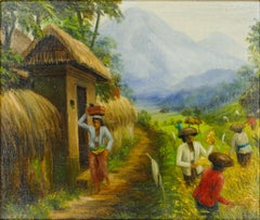Vintage Rice Weeders at Work - Oil on Canvas Bali School - Mid 20th Century