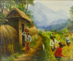 Diserbatori di riso al lavoro - Olio su tela Scuola di Bali - Metà del XX secolo