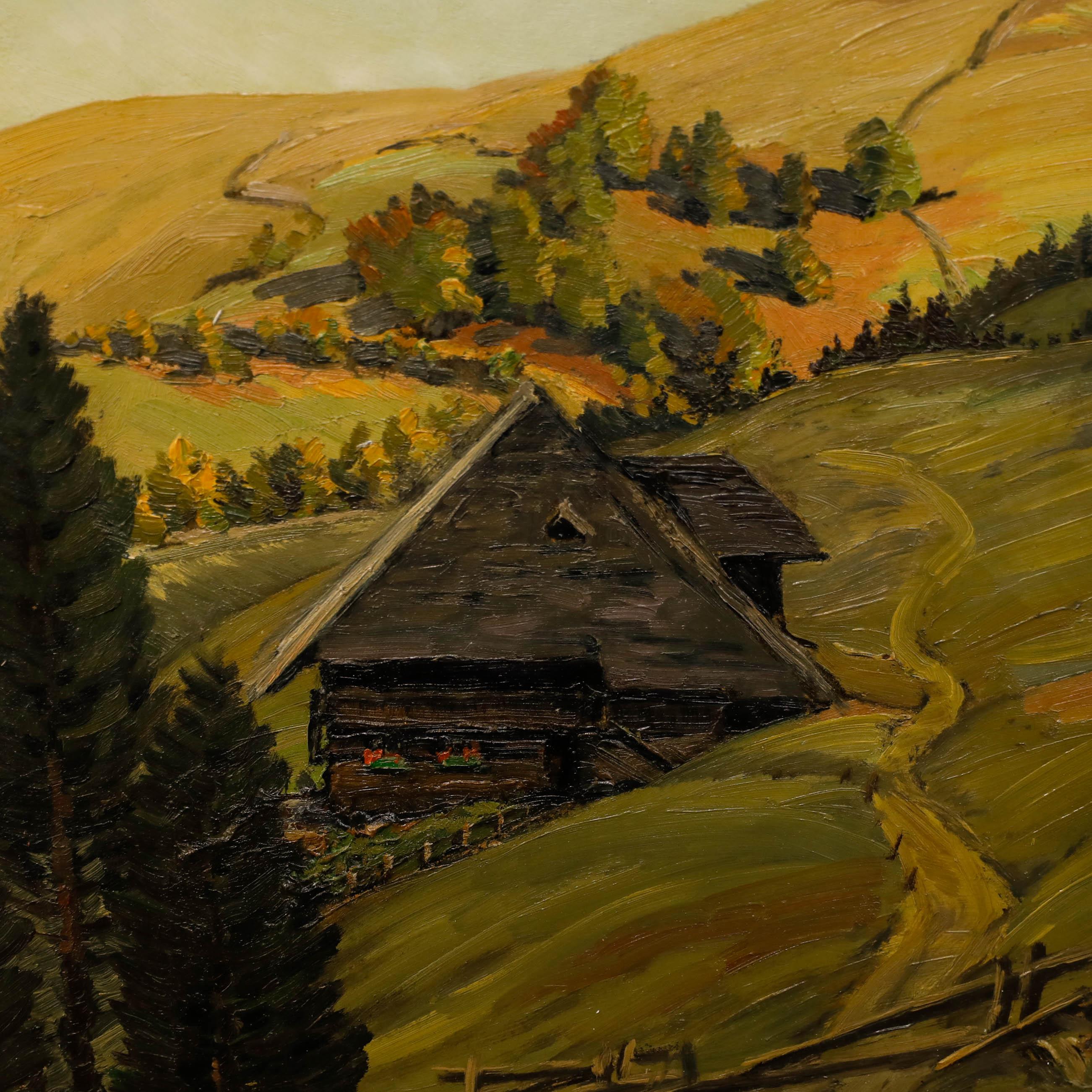 Landscape in oil. Presented in a painted gilt frame. Signed. On board.