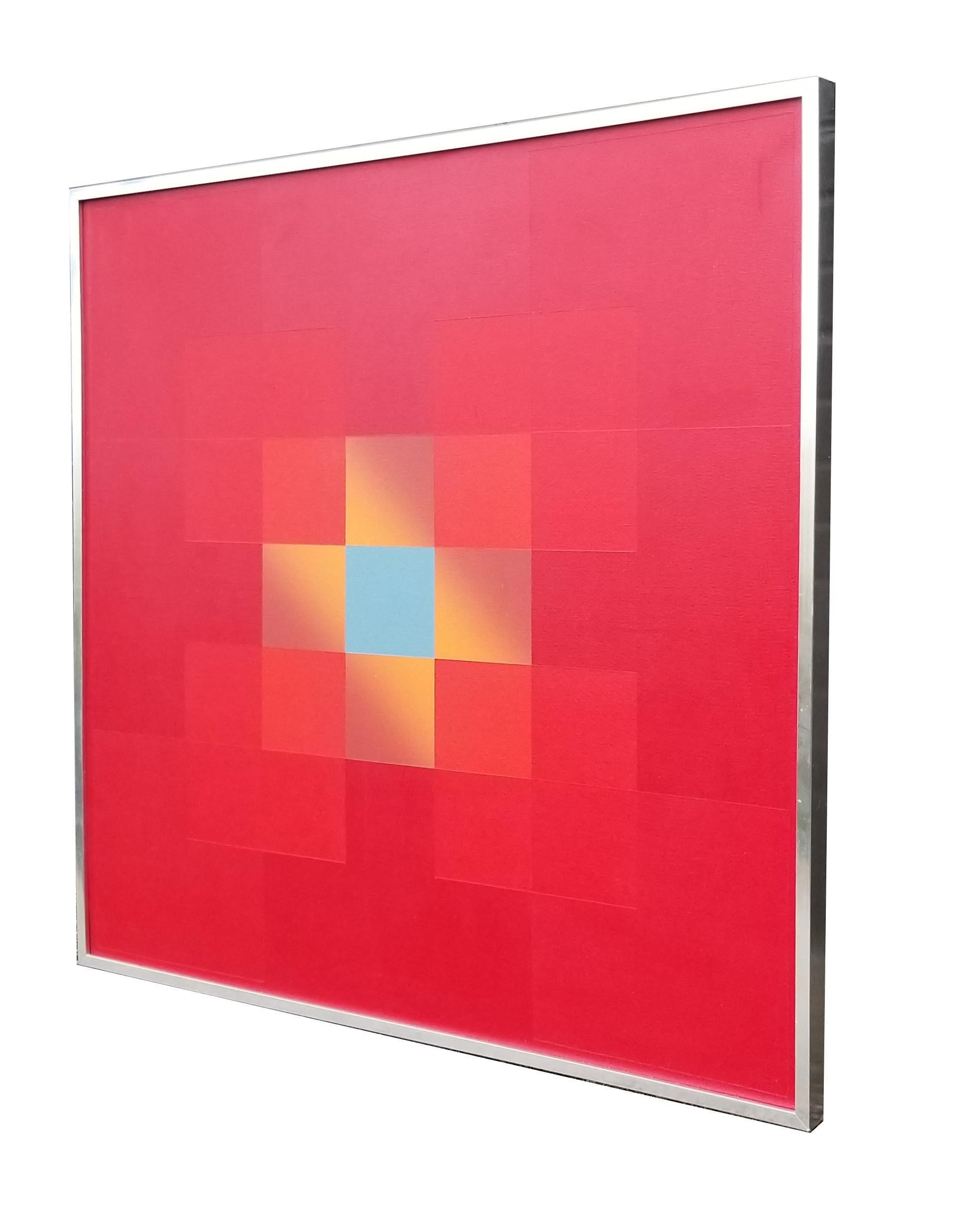Geometric Hard Edge Op Art Painting by Richard Gubernick. Acrylic on Canvas. 1970s.

BORN: New York, New York

 STUDIED: 

State University College at Buffalo, Buffalo, New York (B.S., 1955)

Yale University School of Music and Art, New Haven,