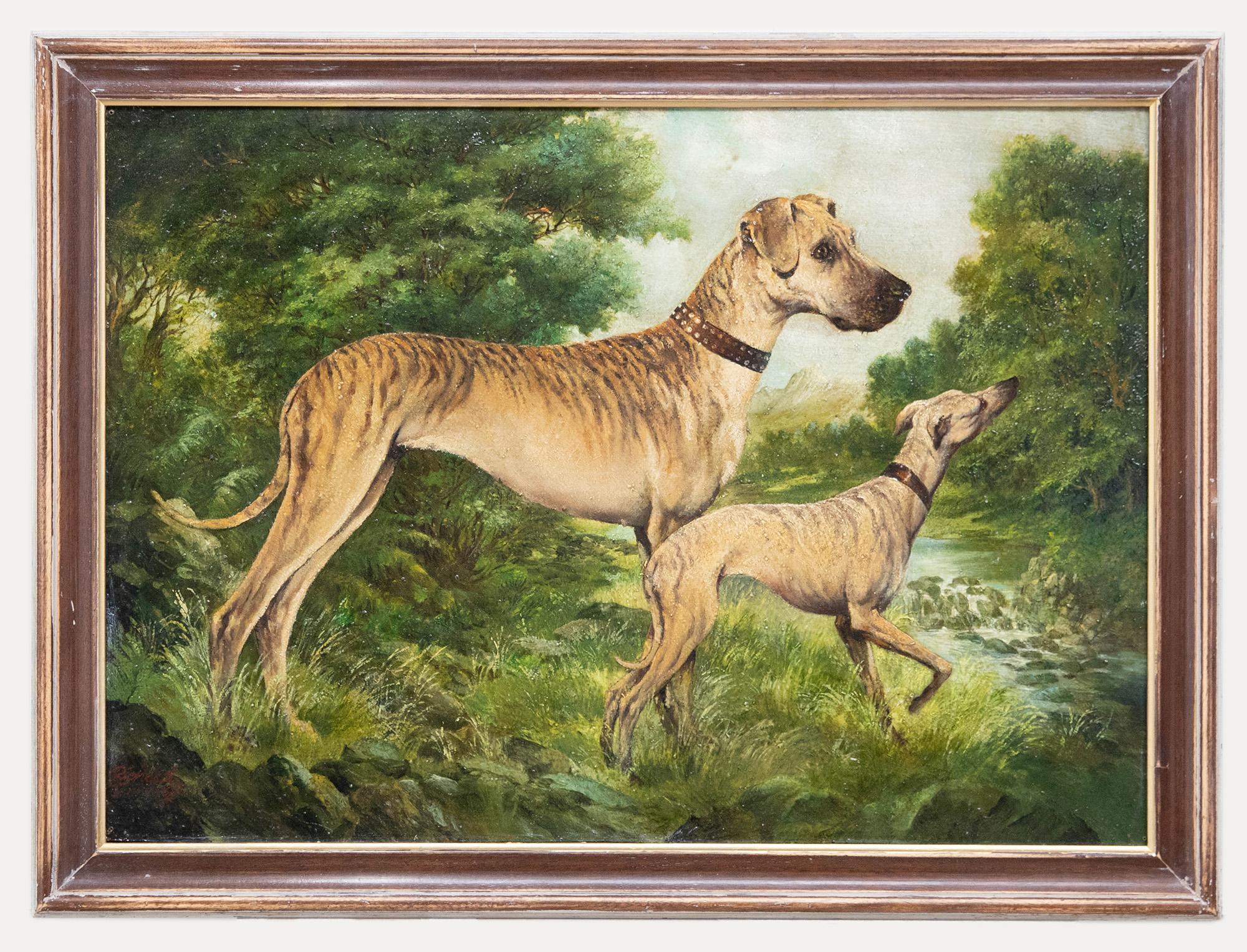 Animal Painting Unknown - Richard Jennings - Huile encadrée du 20e siècle, Great Dane & the Greyhound