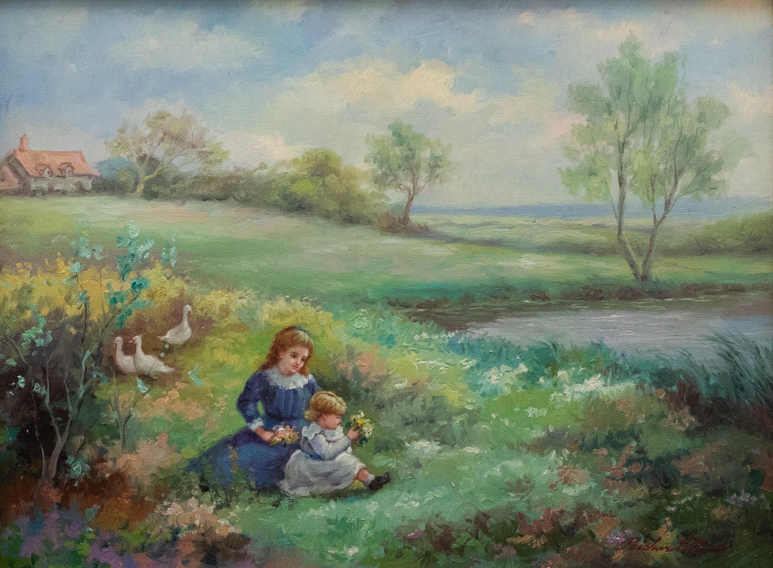 Richard Moore - 20th Century Oil, Picking Wildflowers - Painting by Unknown