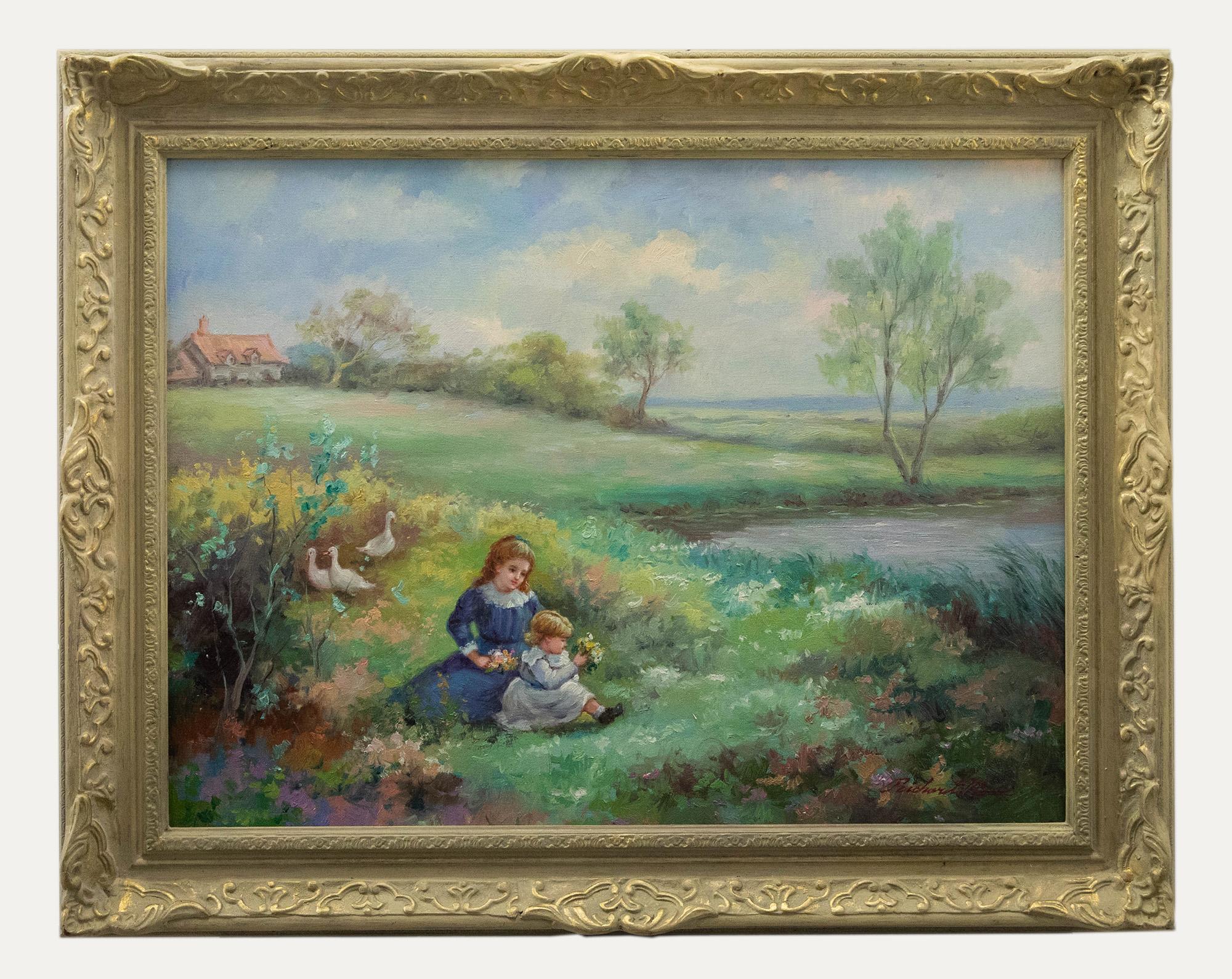 Unknown Landscape Painting - Richard Moore - 20th Century Oil, Picking Wildflowers