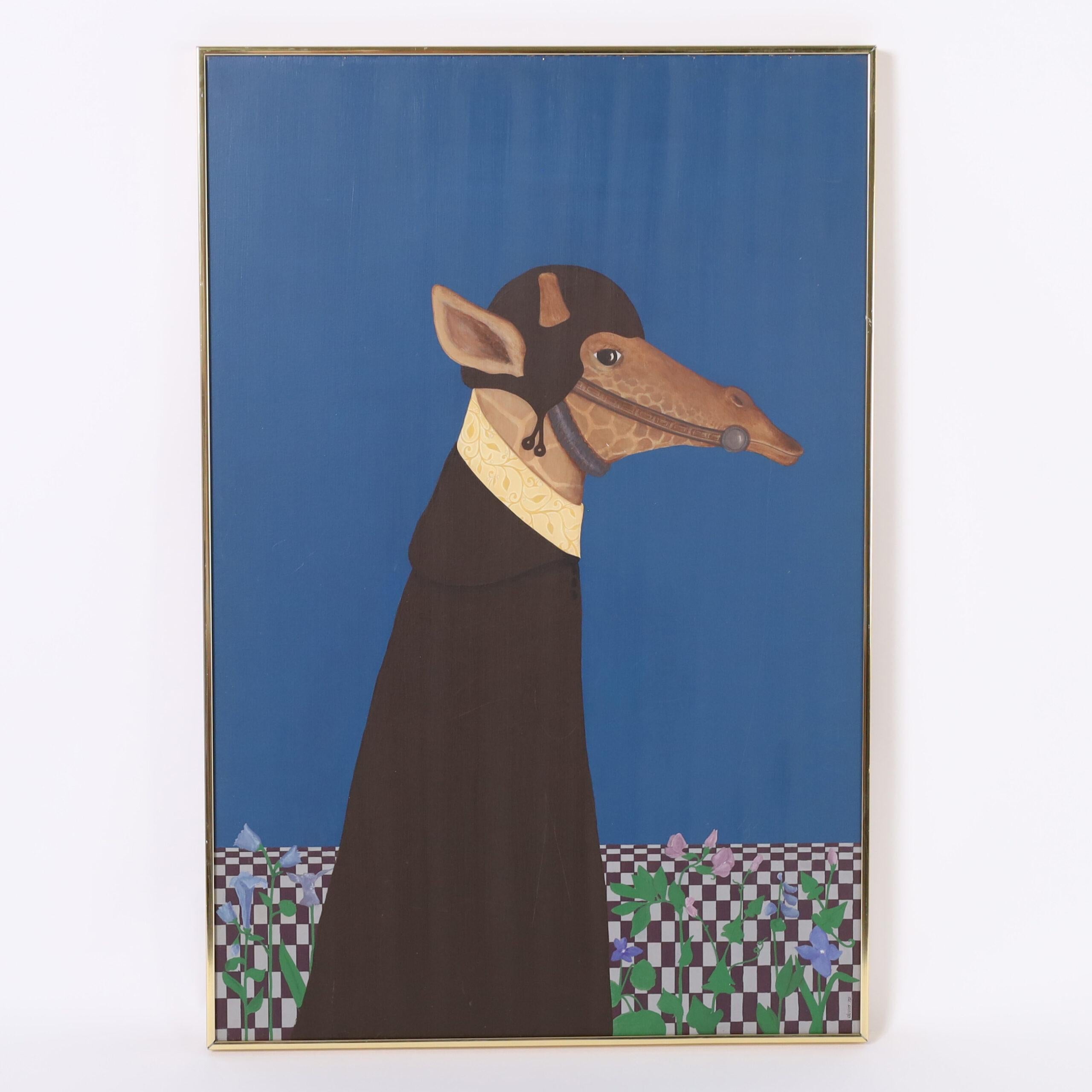 Striking mid century acrylic painting on board of a giraffe with a clerical reference executed with a surrealist influence, sign Devin and titled "Mysteriously Untitled" 1979, and presented in an anodized aluminum frame. 