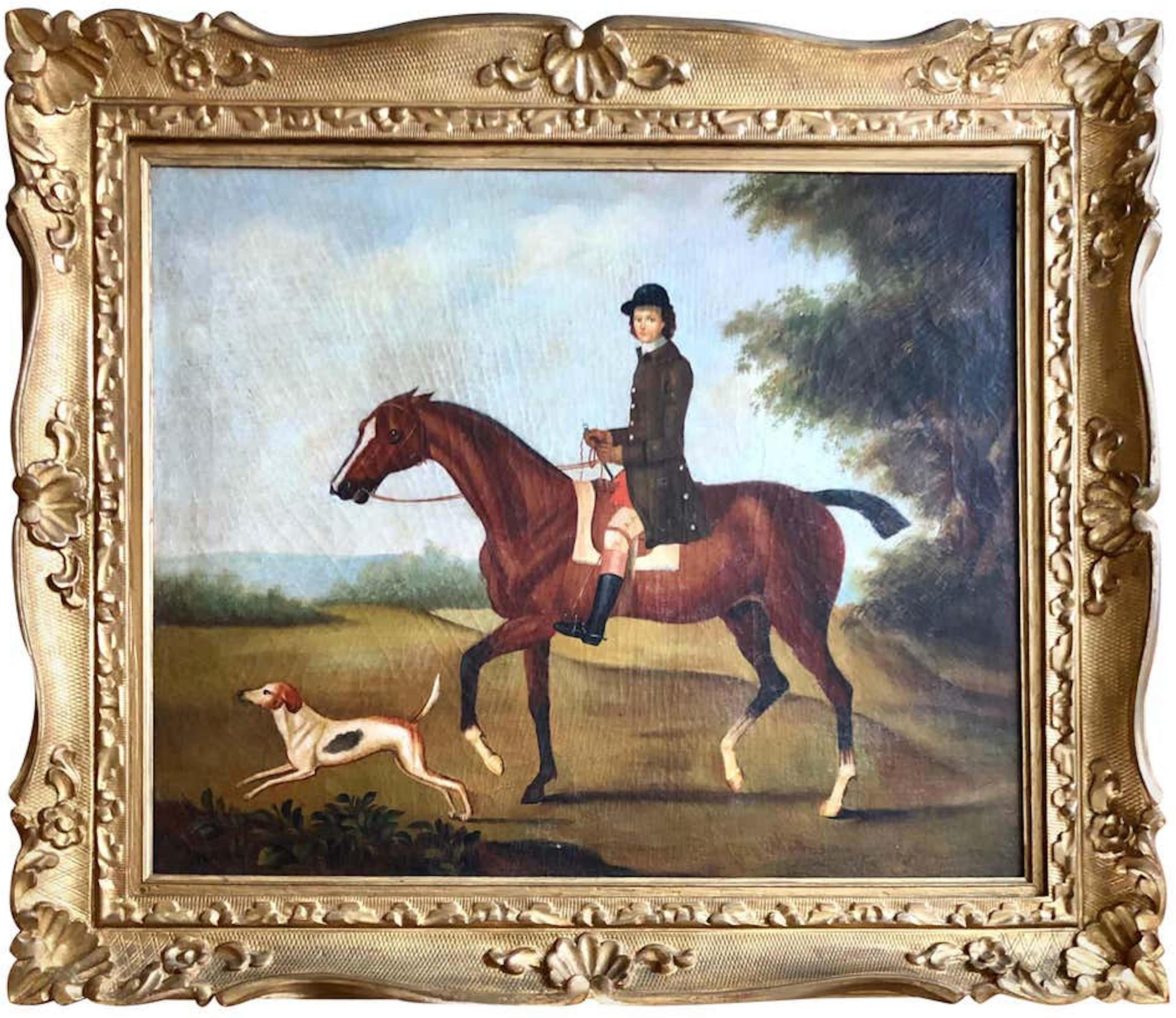 Unknown Landscape Painting - Rider and Hound in the Countryside