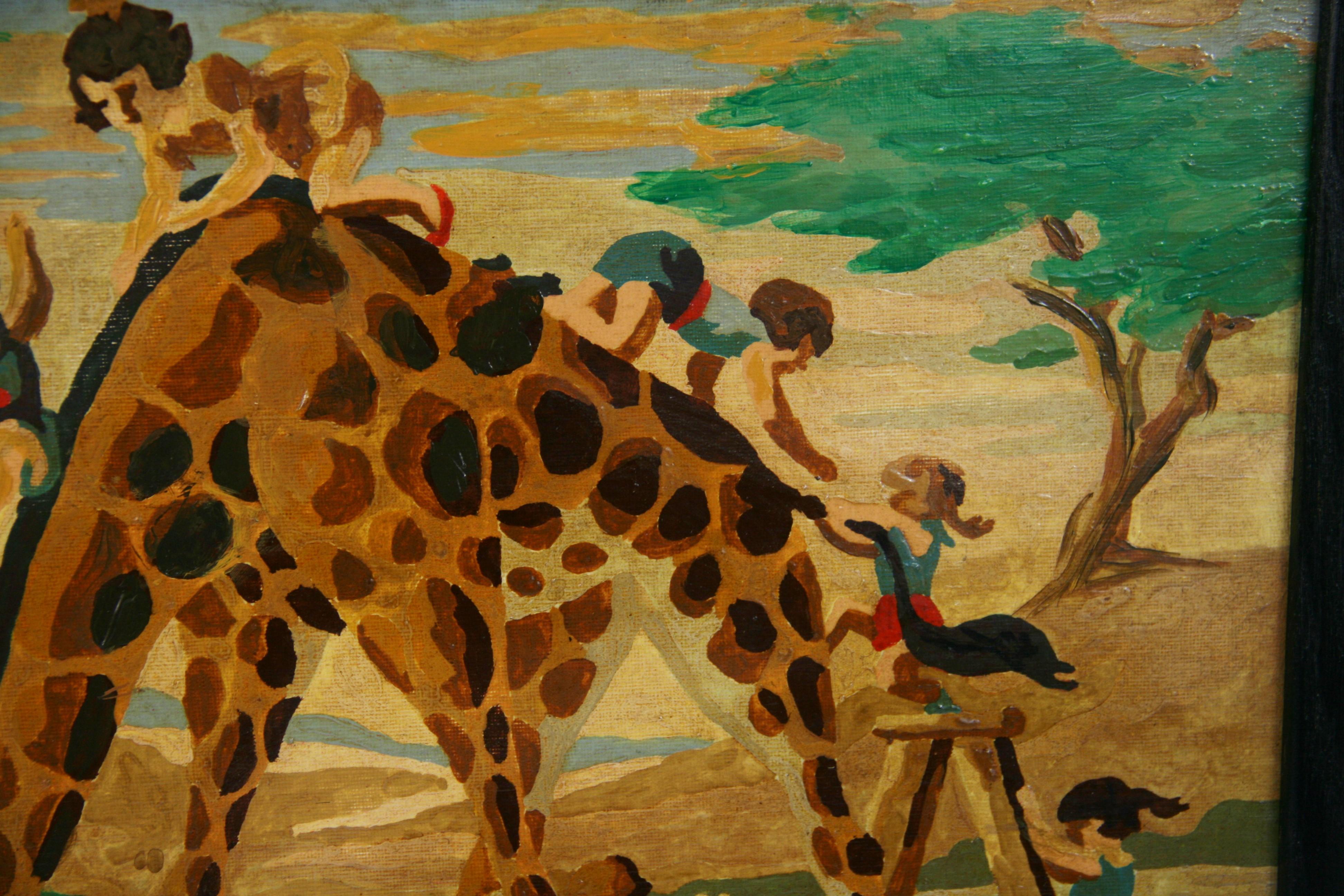 Riding a Giraffe Surreal  Oil Painting 1956 For Sale 8
