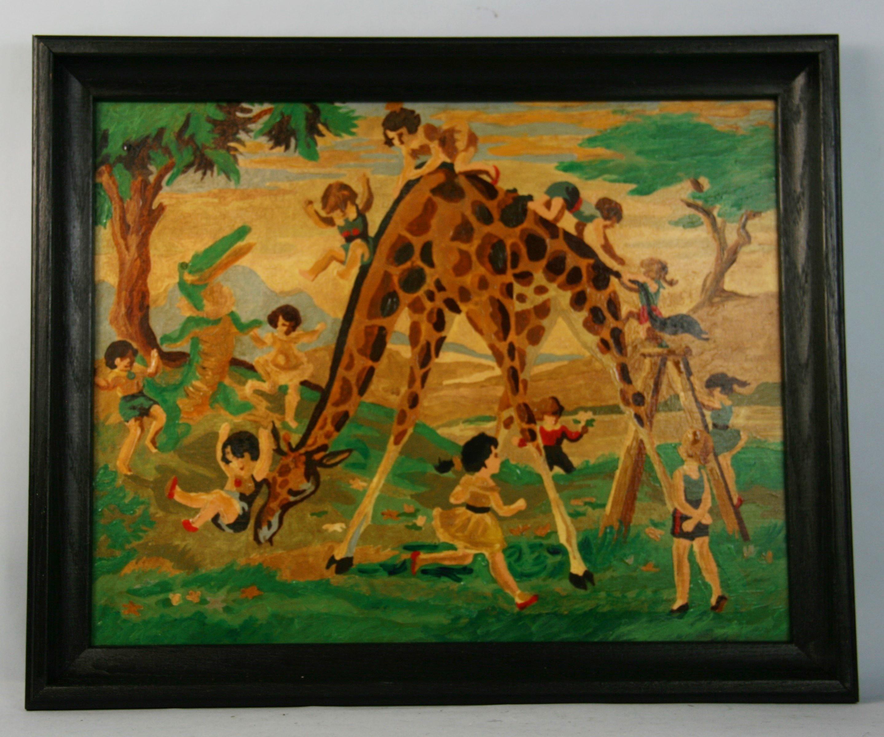 3982 Children riding a giraffe oil on board set in a painted oak frame
Image size 15.5x19.5