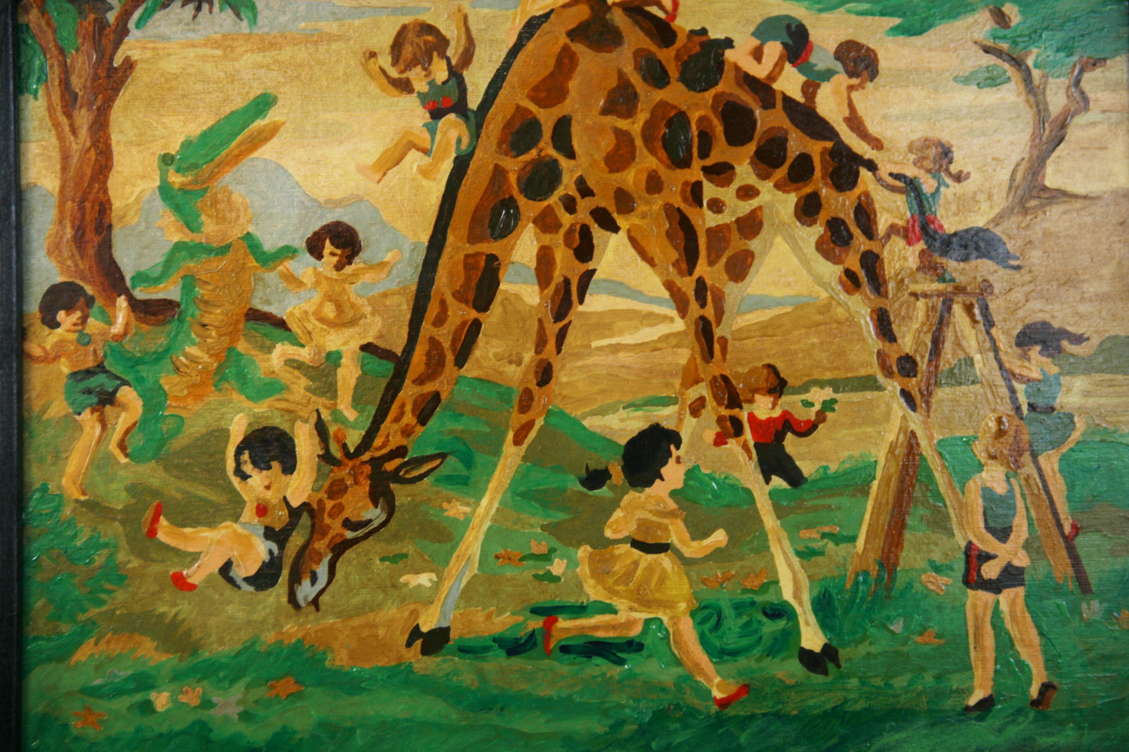 Riding a Giraffe Surreal  Oil Painting 1956 For Sale 2