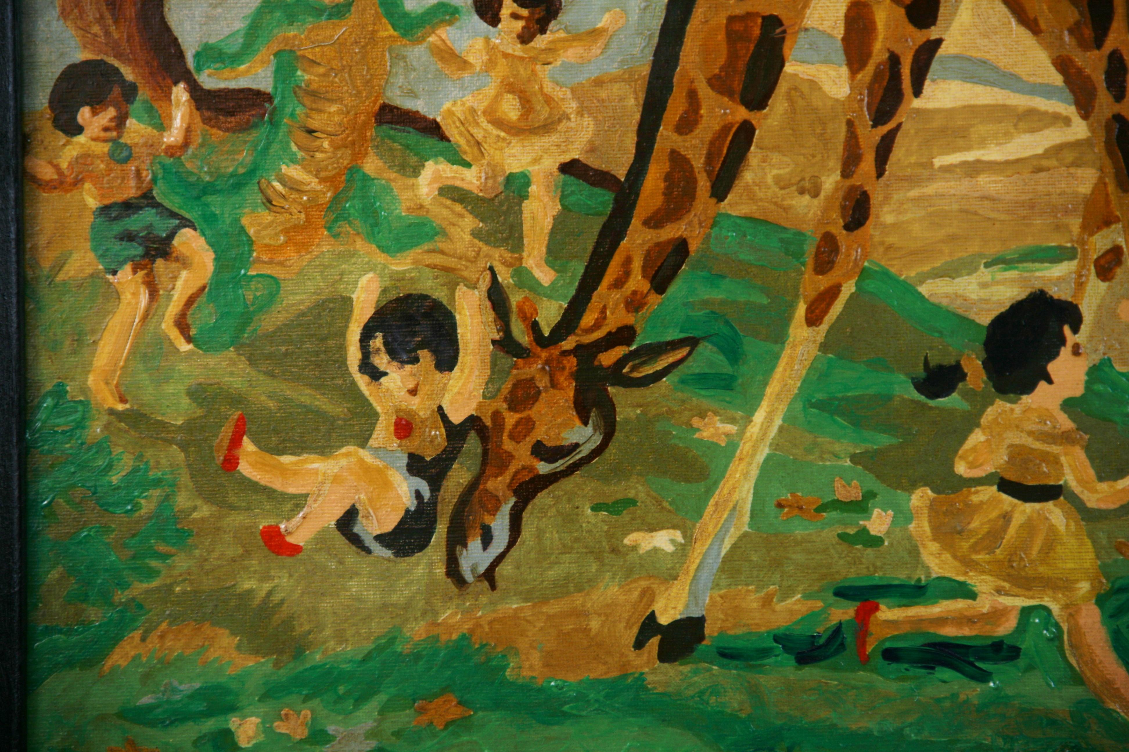 Riding a Giraffe Surreal  Oil Painting 1956 For Sale 3