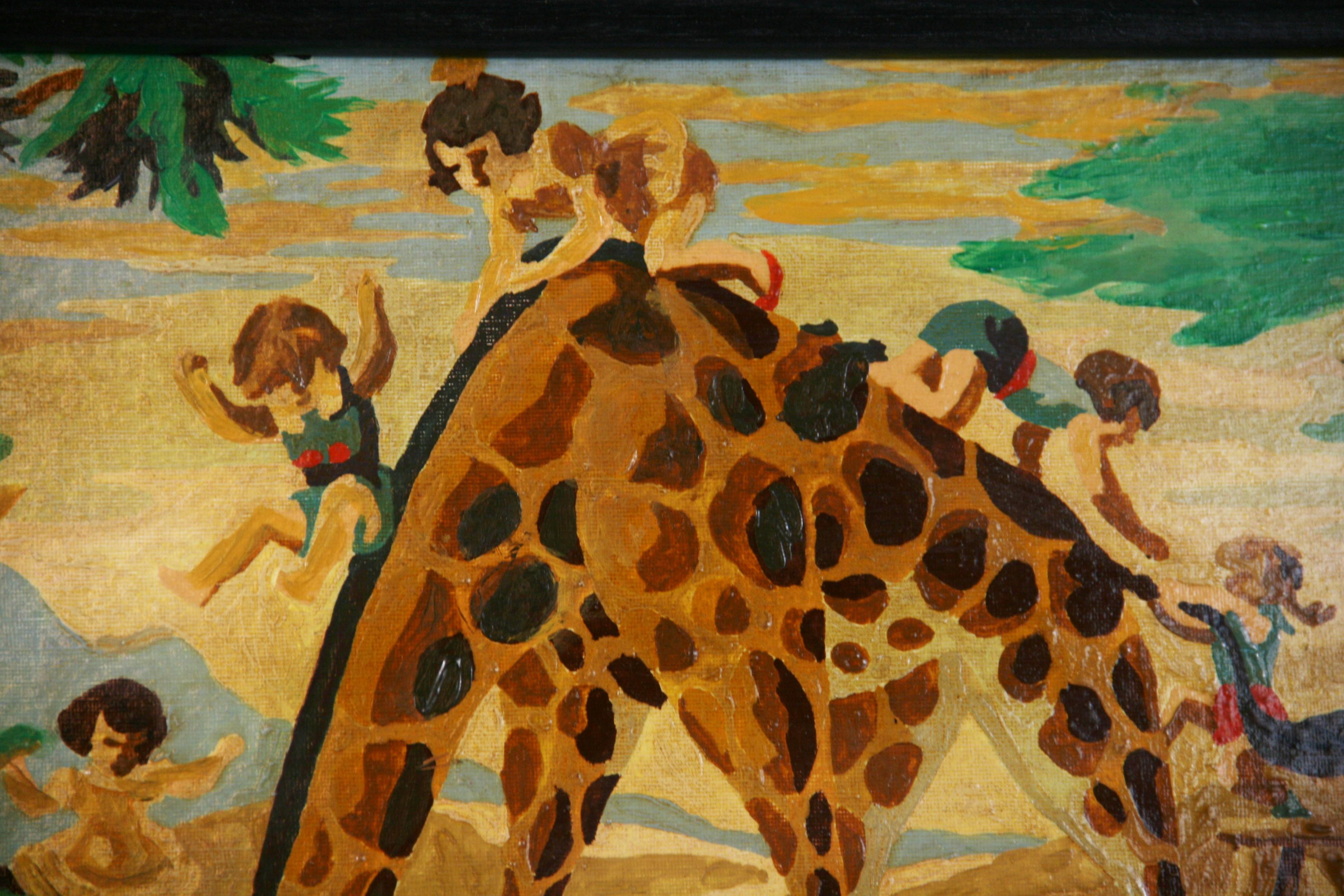 Riding a Giraffe Surreal  Oil Painting 1956 For Sale 4