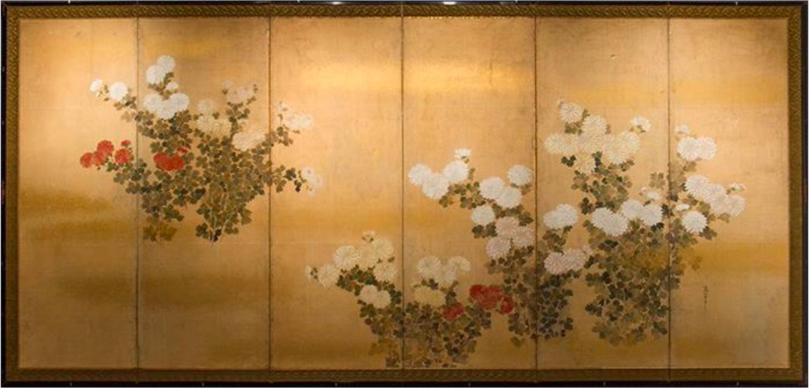 Unknown Still-Life Painting - Rimpa School Six-Panel Screen, Chrysanthemum Motif, Japan, Meiji Period