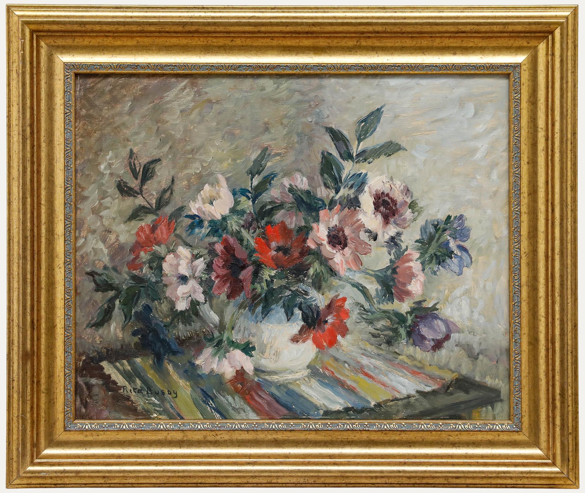 Unknown Still-Life Painting - Rita Busby - 20th Century Oil, Vase of Anemones