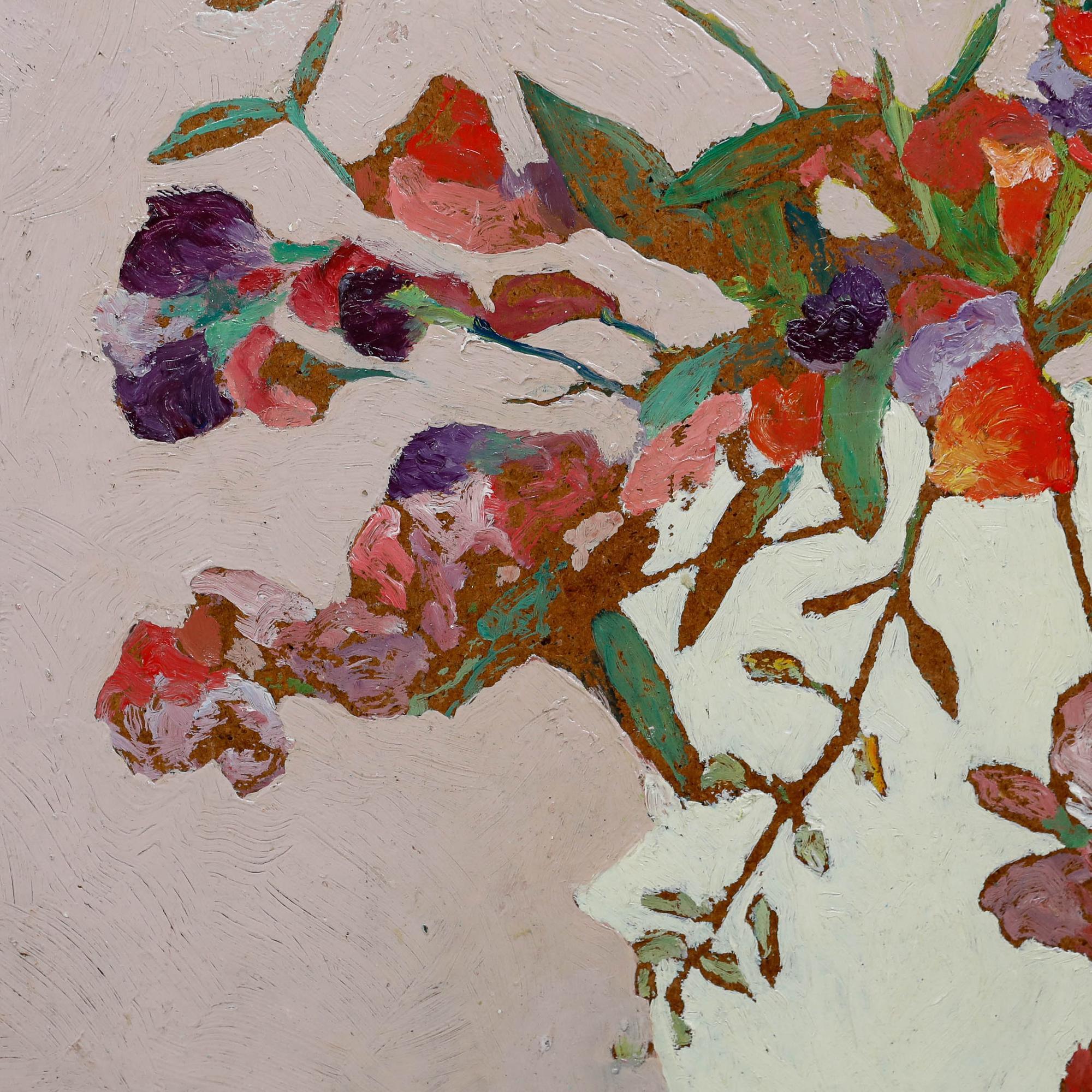 Rita Montandon - Französische Schule Mitte des 20. Jahrhunderts Öl, Rosa Blumen in Porzellan im Angebot 1