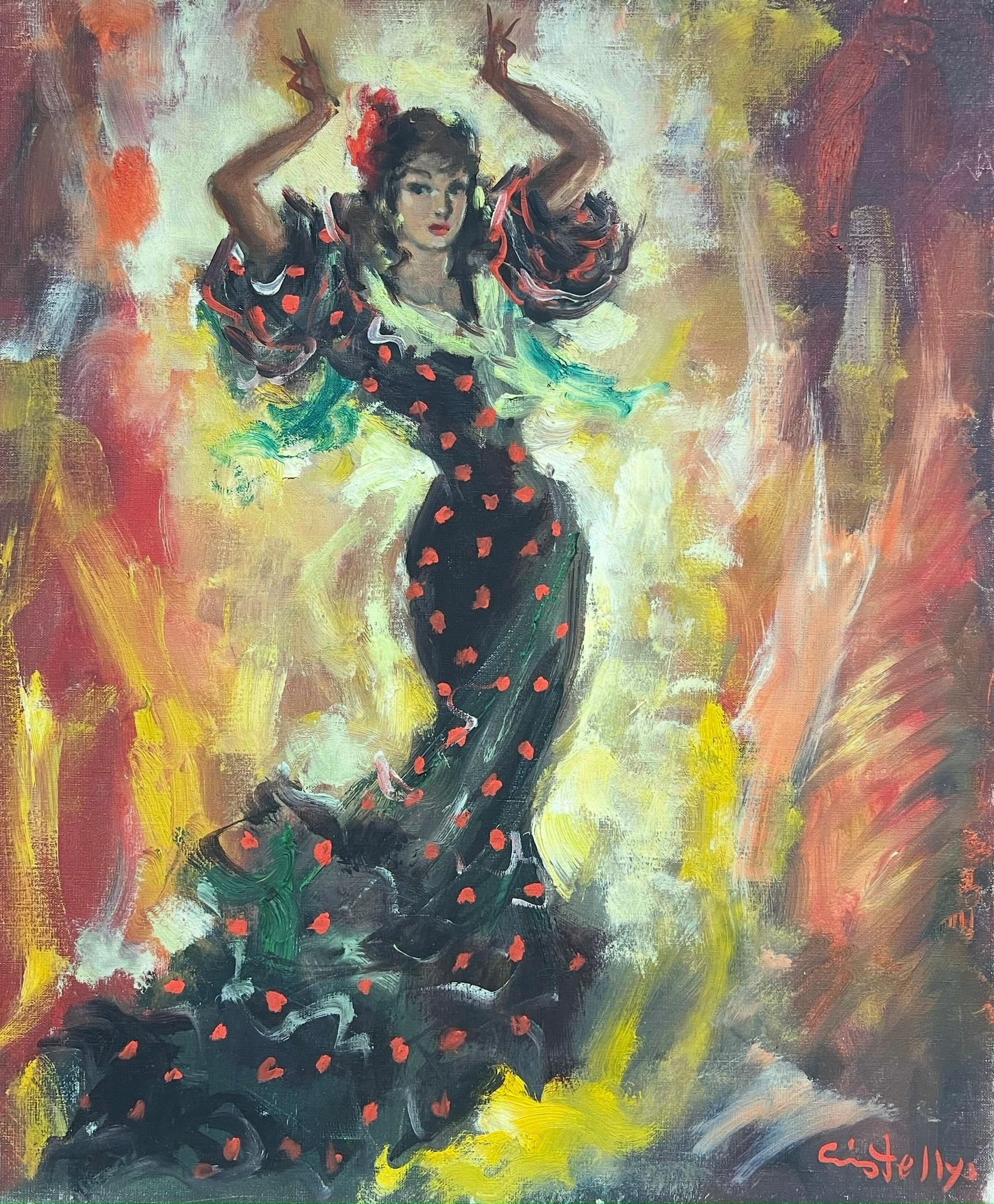 Figurative Painting di Unknown - Rita", ballerina spagnola di flamenco in movimento vibrante, dipinto a olio firmato