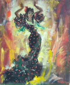Vintage ‘Rita’ Spanish Flamenco Dancer in Fiery Motion Vibrant Signed Oil Painting